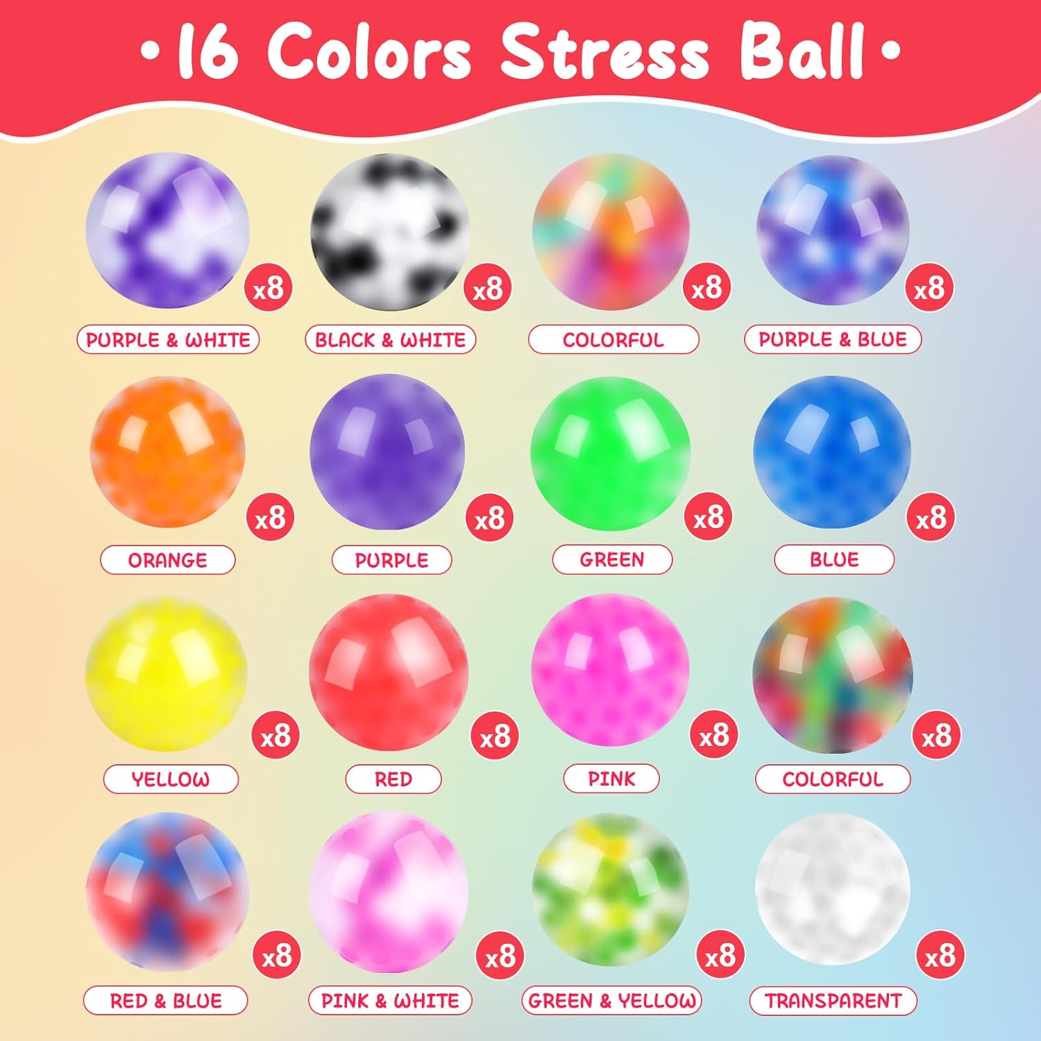 128 Pack Stress Balls for Adults, Bulk Squishy Ball, Bulk Stress Balls Set, Anti-Anxiety and Fidget Balls to Relax, Party Favors, Birthday Gifts, Goodie Bag Stuffers