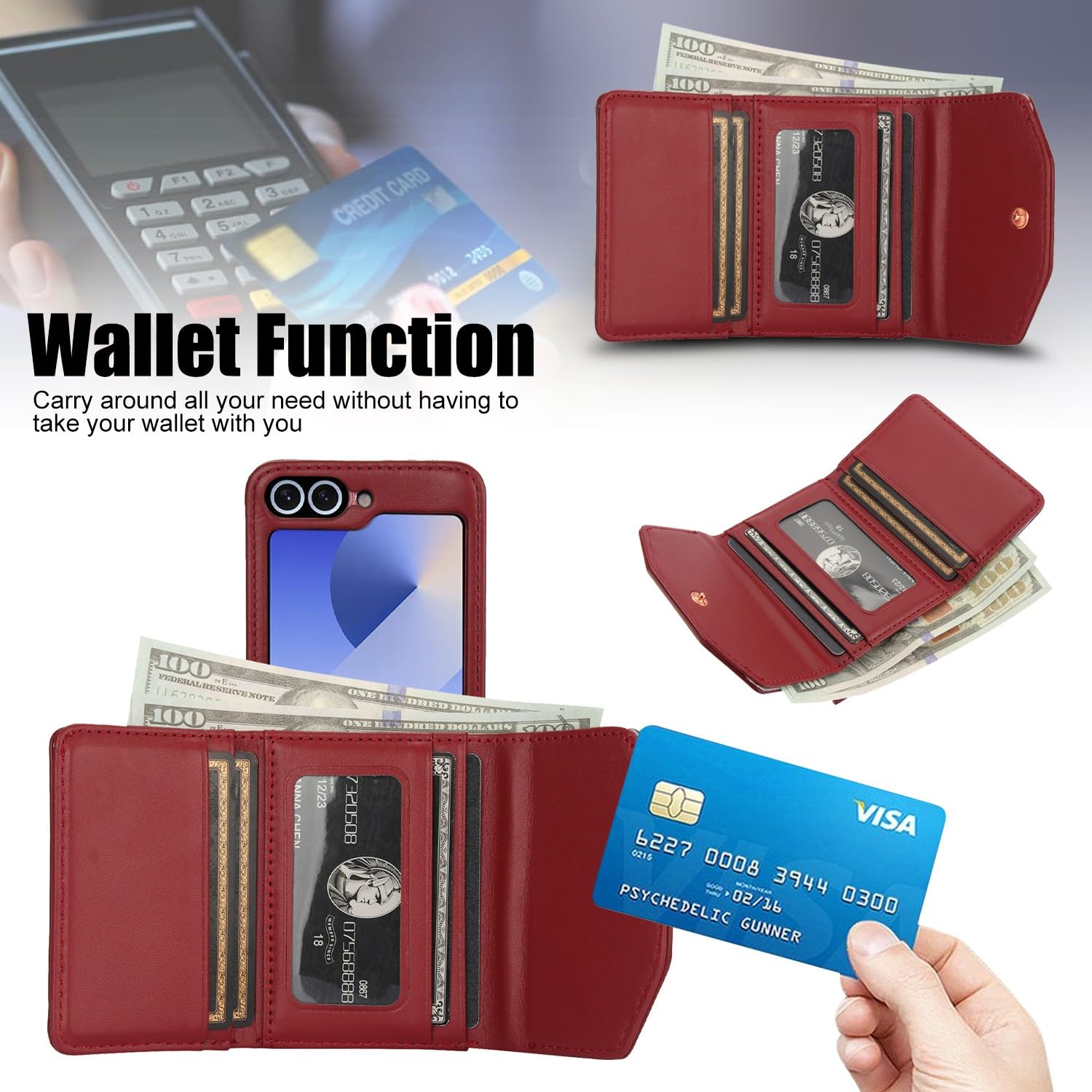 Etui portfelowe na telefon komórkowy Samsung Galaxy Z Flip 8 z wbudowaną skórzaną przegródką na gotówkę i uchwytem na karty kredytowe, regulowany pasek crossbody, ochrona zawiasów dla kobiet i
