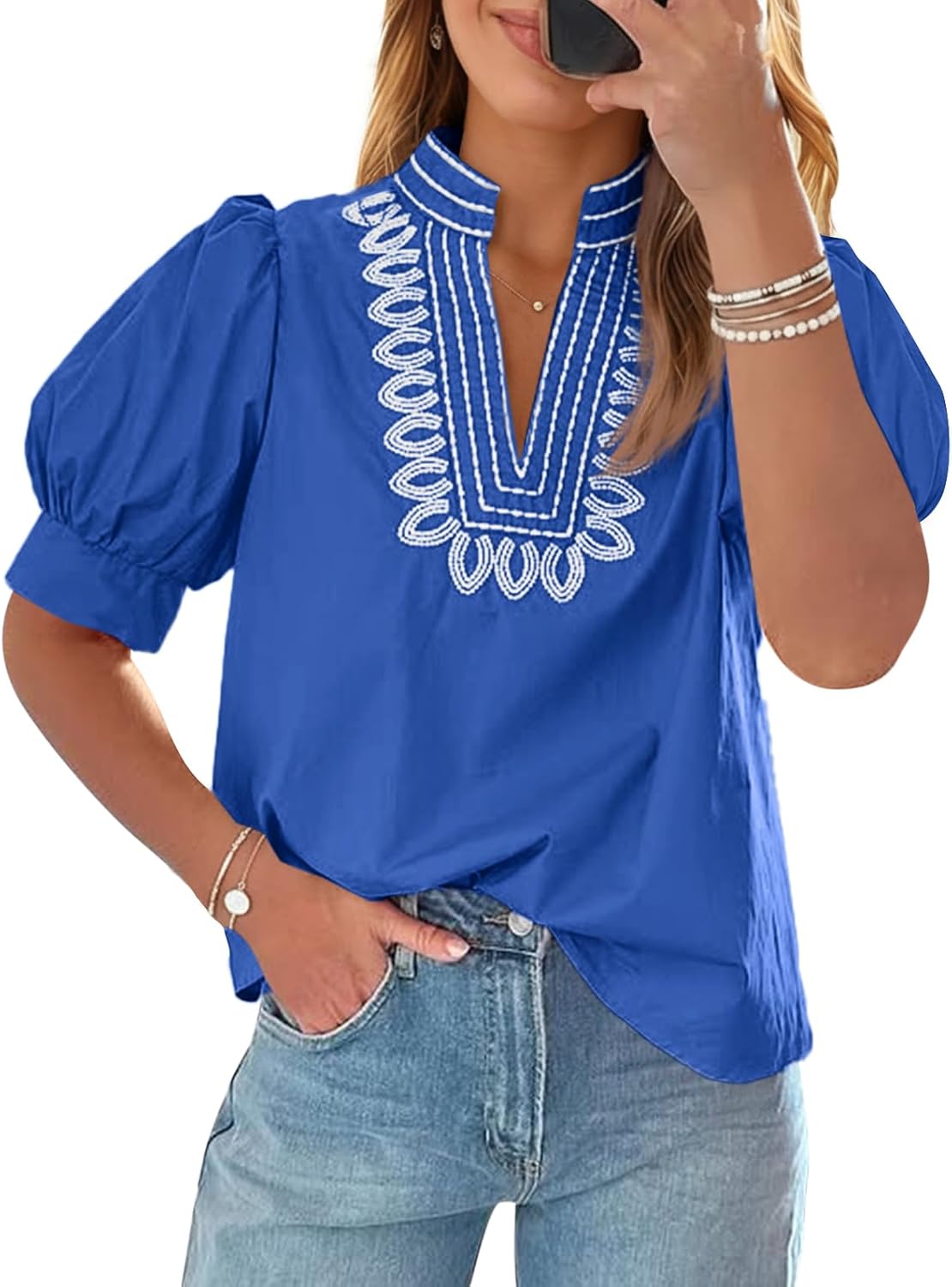 Cicy Bell Womens Puff Short Sleeve Blouses Summer Casual Dressy Embroidered V Neck Tops Loose Fit Tee Shirts