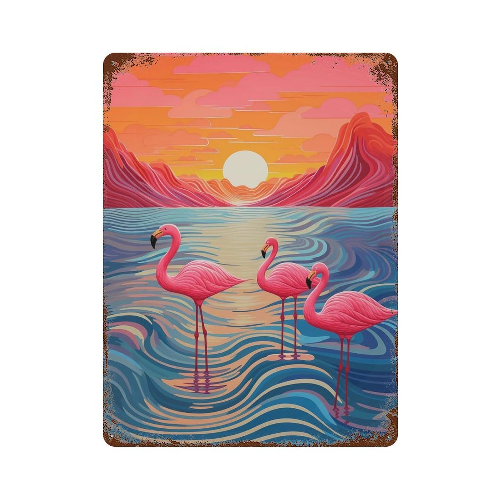 Flamingos And Sunset Rusty Metal Tin Sign 15.7"x11.8", for Pub, Kitchen And Man Cave Decor, Farmhouse Wall Decor