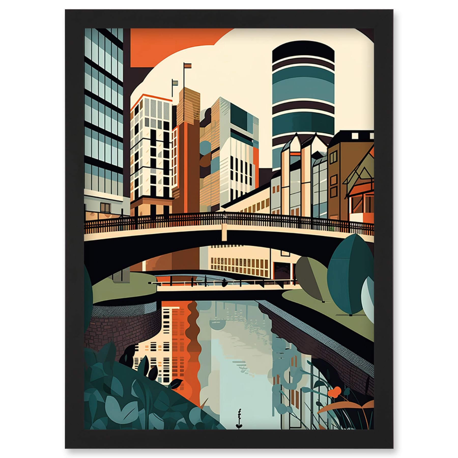 Artery8 Birmingham City Centre Canal Geometric Cityscape Artwork Framed Wall Art Print A4