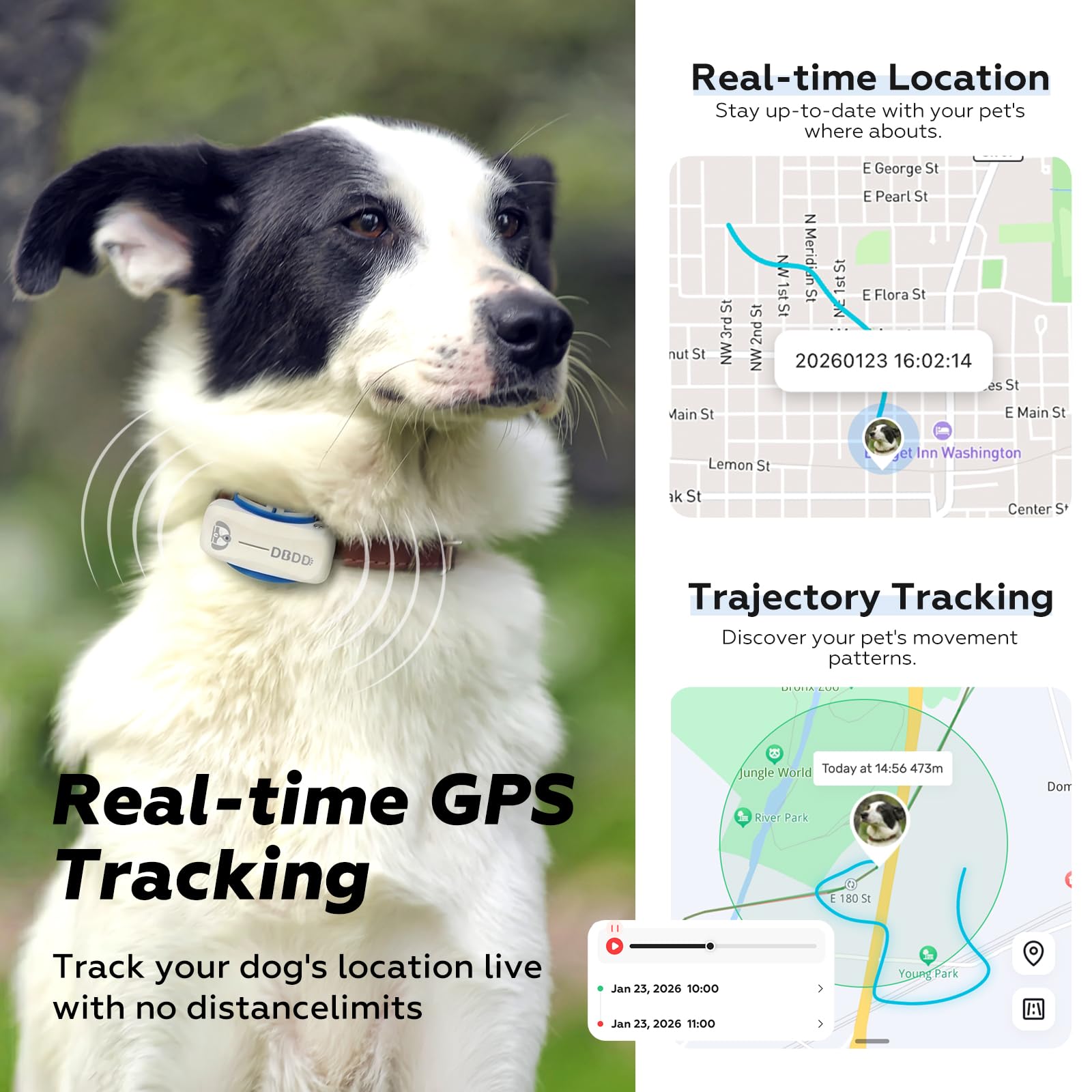 DBDD Smart GPS Dog Collar Tracker con recinto virtuale, monitoraggio live e segni vitali, per cani fino a 18 kg, impermeabile, per cani da 18 kg in su, compatibile con iOS e Android (bianco)
