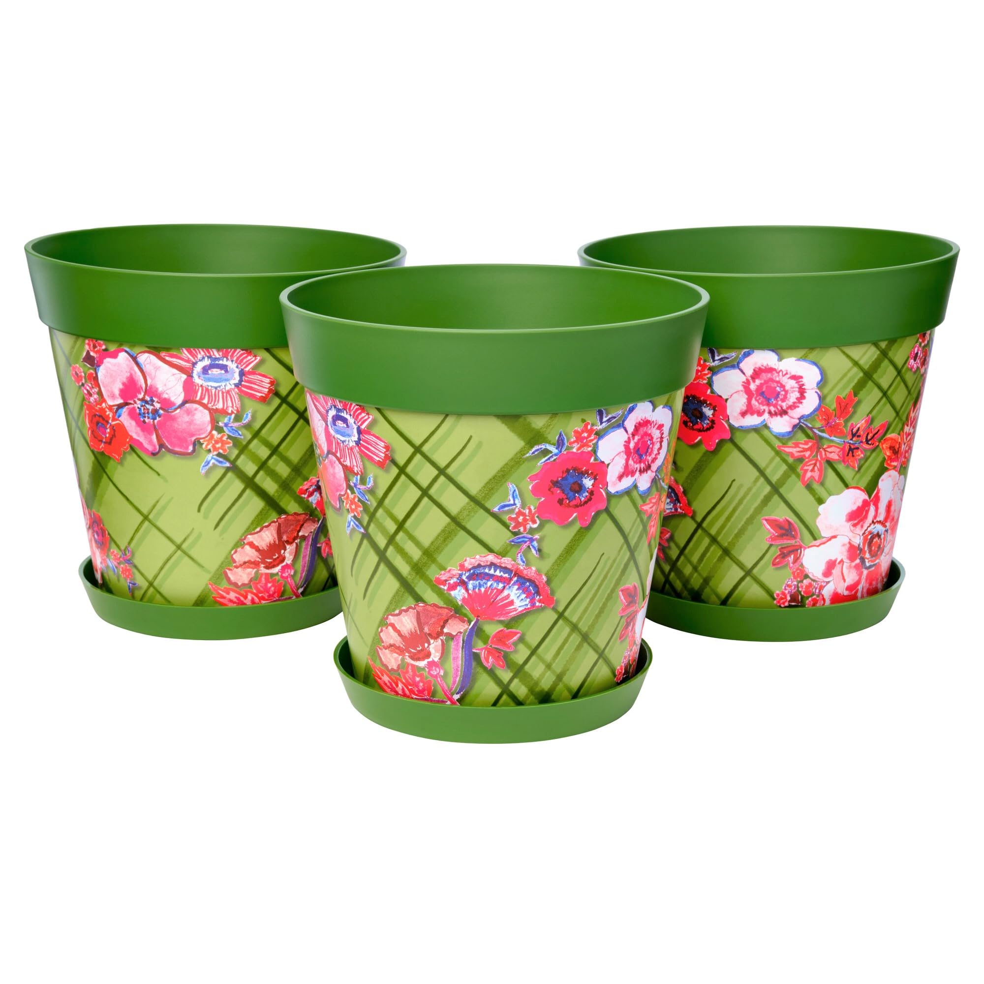 Hum Flowerpots Green Floral Trellis Set Of 3 Plastic, Indoor/Outdoor Plant Pots 25Cm Diameter And 3 Saucers 19Cm Diameter (Green Floral Trellis)