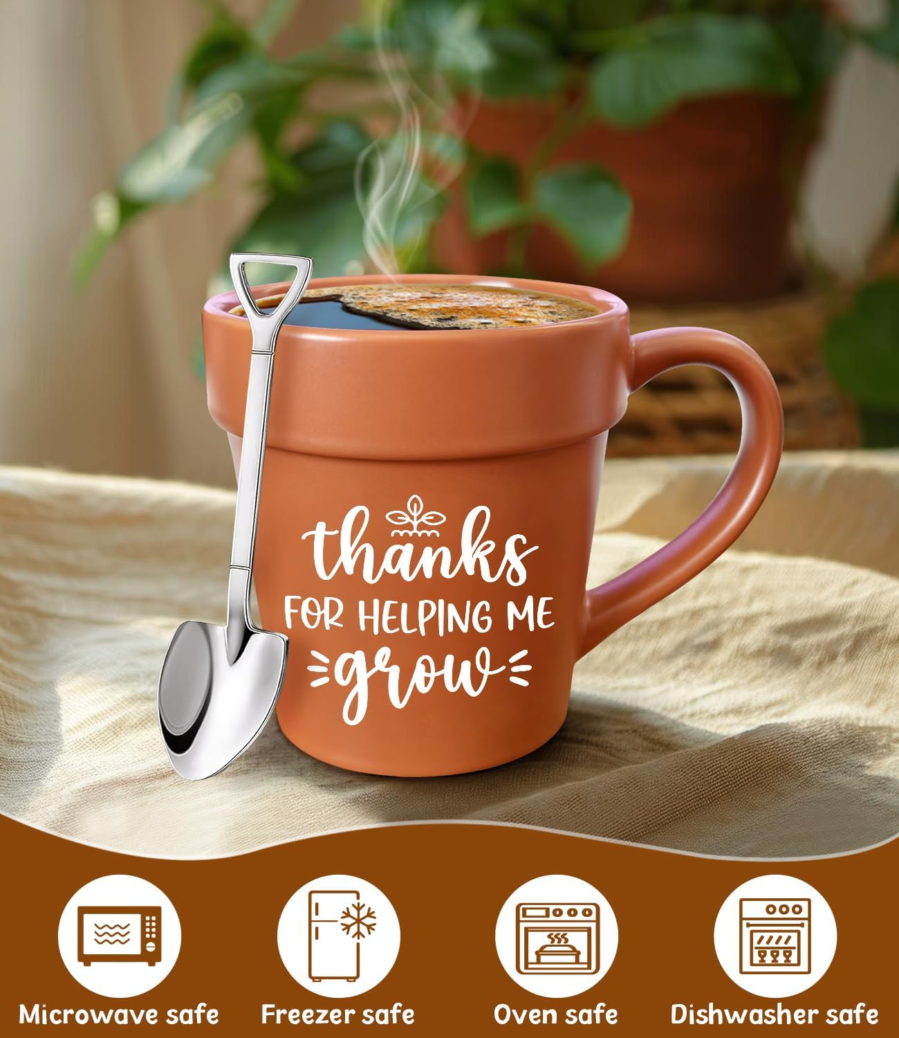 Thanks for Helping Me Grow,Teacher Appreciation Gifts,Plant Lover Coffee Mug with Metallic Shovel Ornament Spoon Christmas Back to School Gardening Garden Gifts for Teacher Mom Women - Image 3