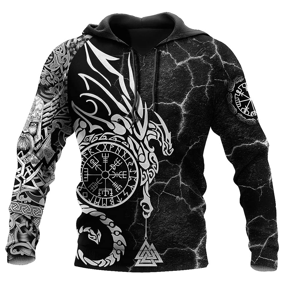 Sweat graphique à cordon zippé Viking, pull imprimé 3D avec boussole d'Odin confort décontracté