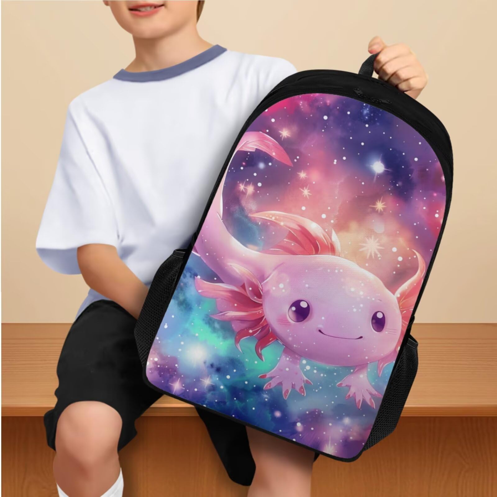 Ystardream Kids Backpack and Lunch Box Set Bling Axolotl School Bags for Girls 10-12 Portable Picnic Lunch Bag Pencilcase BookMark 4 in 1 Set Hiking Travel Daypack Girls School Bookbag