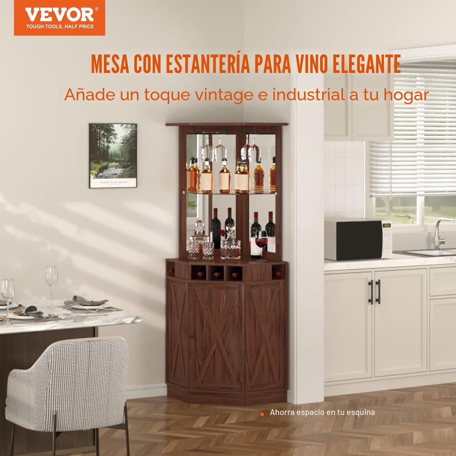 VEVOR Mueble de bar esquinero industrial, muebles de bar para licores y copas, aparador con soportes de vidrio, estante de exhibición de vino de madera independiente grande para sala de estar, hogar