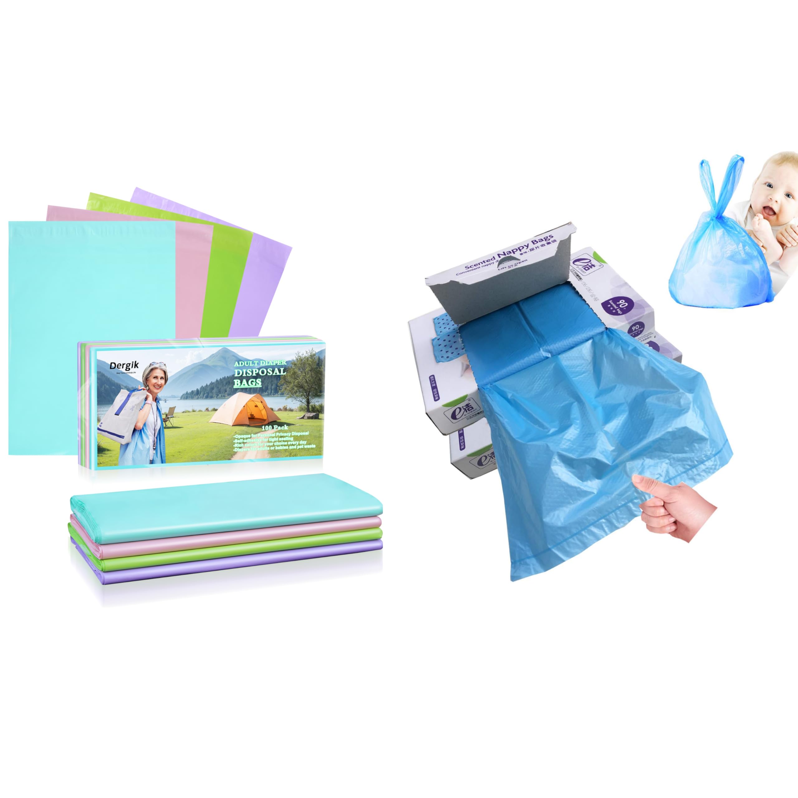 Diaper Disposable Bags for Baby, 180 bags, And Large Adult Disposable Diaper Bags, 100 pcs, Bundle