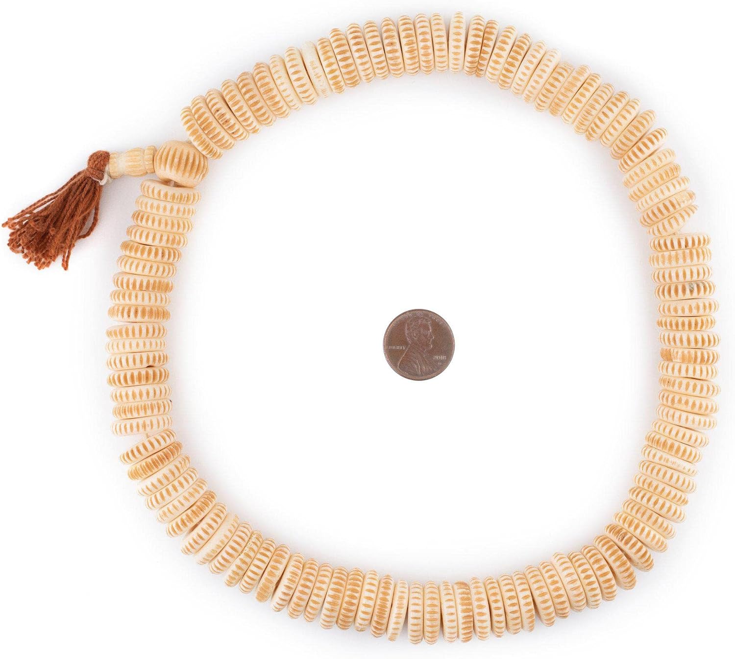 The Bead Chest Beige Carved Disk Bone Mala Beads 16mm Nepal Brown Large Hole 17 Inch Strand