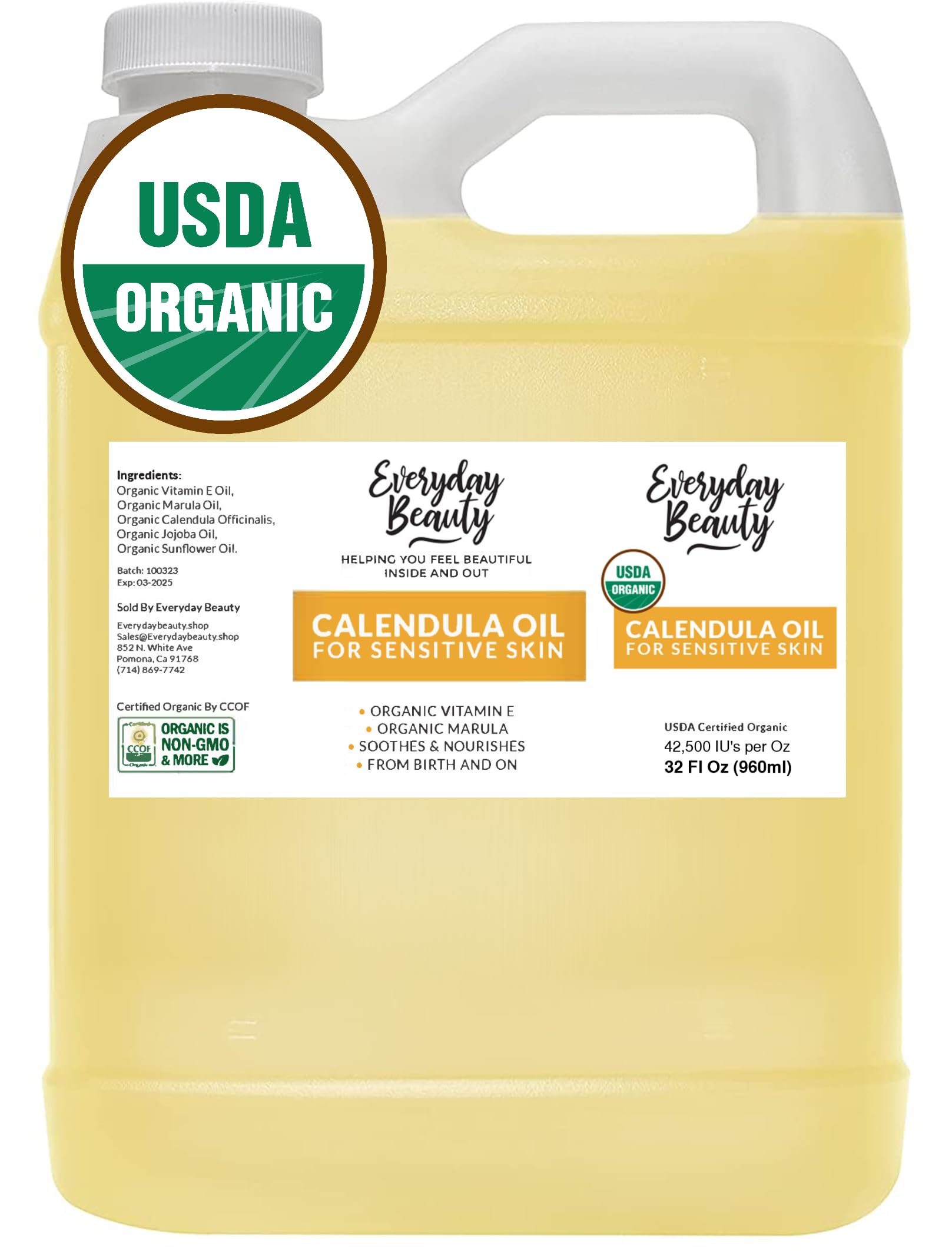 Organic Calendula Oil For Sensitive Skin -Bulk 32 Fl Oz- USDA Organic Certified 100% All Natural Plant Based, Lightweight & Unscented Gentle Soothing