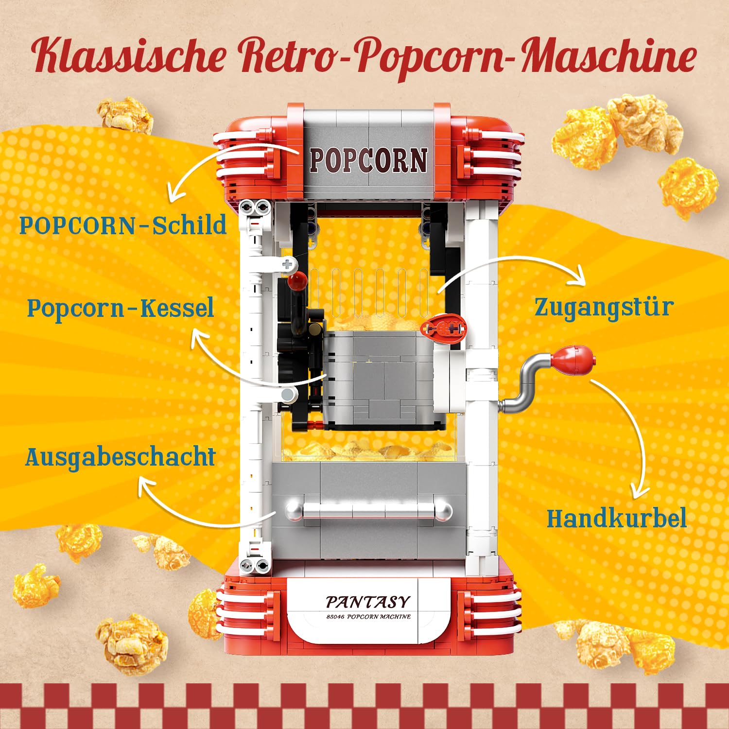 PANTASY Retro Popcornmaschine Klemmbausteine Set | Interaktives Kinomodell mit Drehkurbel, Figur und Popcorn-Elementen, nostalgische Display-Deko für Film- und Retro-Fans