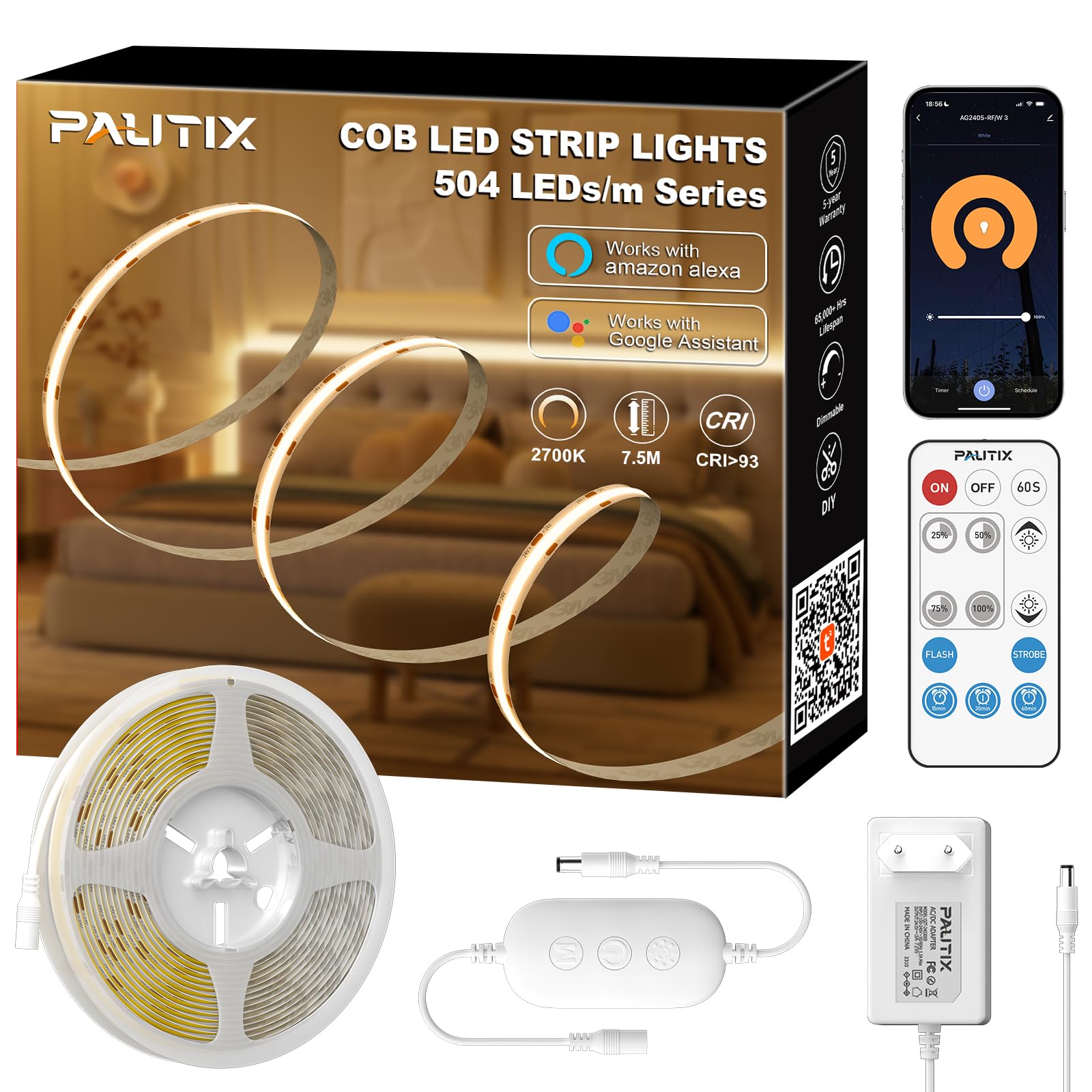 Bande LED COB PAUTIX 7,5m - Blanc Chaud 2700K - 504 LEDs/m - Dimmable Télécommande RF - Alimentation 24V