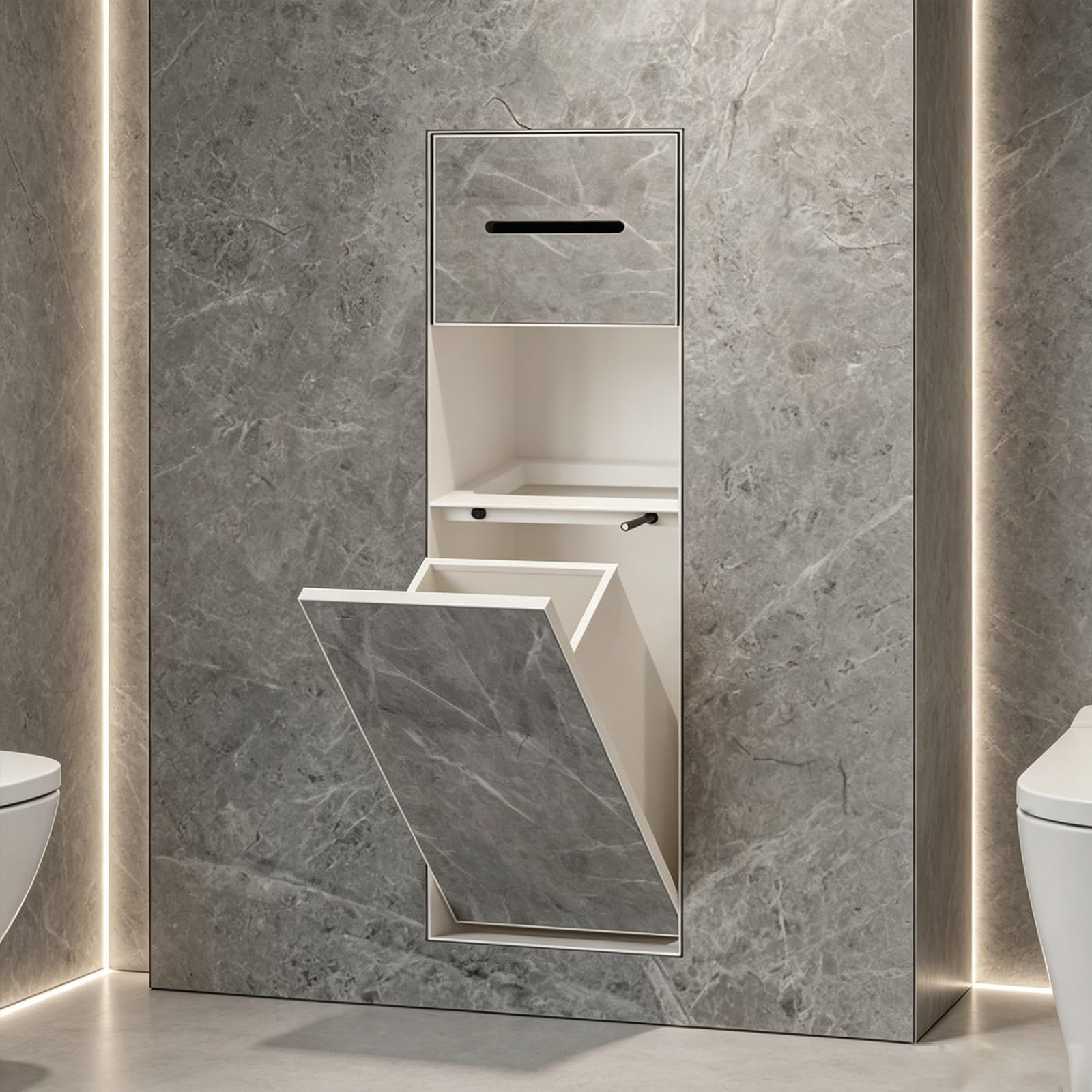 Armadietto da bagno moderno da parete con porta carta igienica e cestino portaoggetti, in acciaio inox, design salvaspazio per bagni eleganti