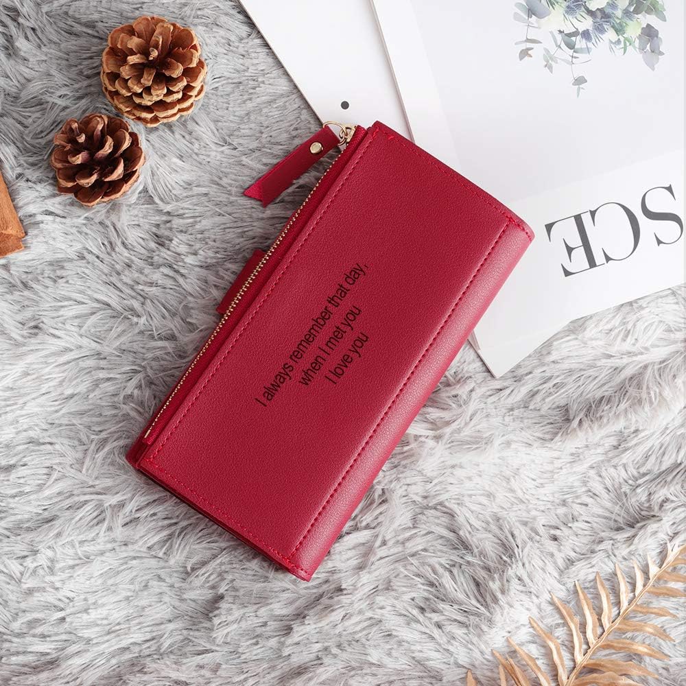 Nobelook Custom Engraved Leather Long Wallets for Men Women Personalized Photo Message Bifold Wallet ID Window Credit Card Holder (Red-Button)