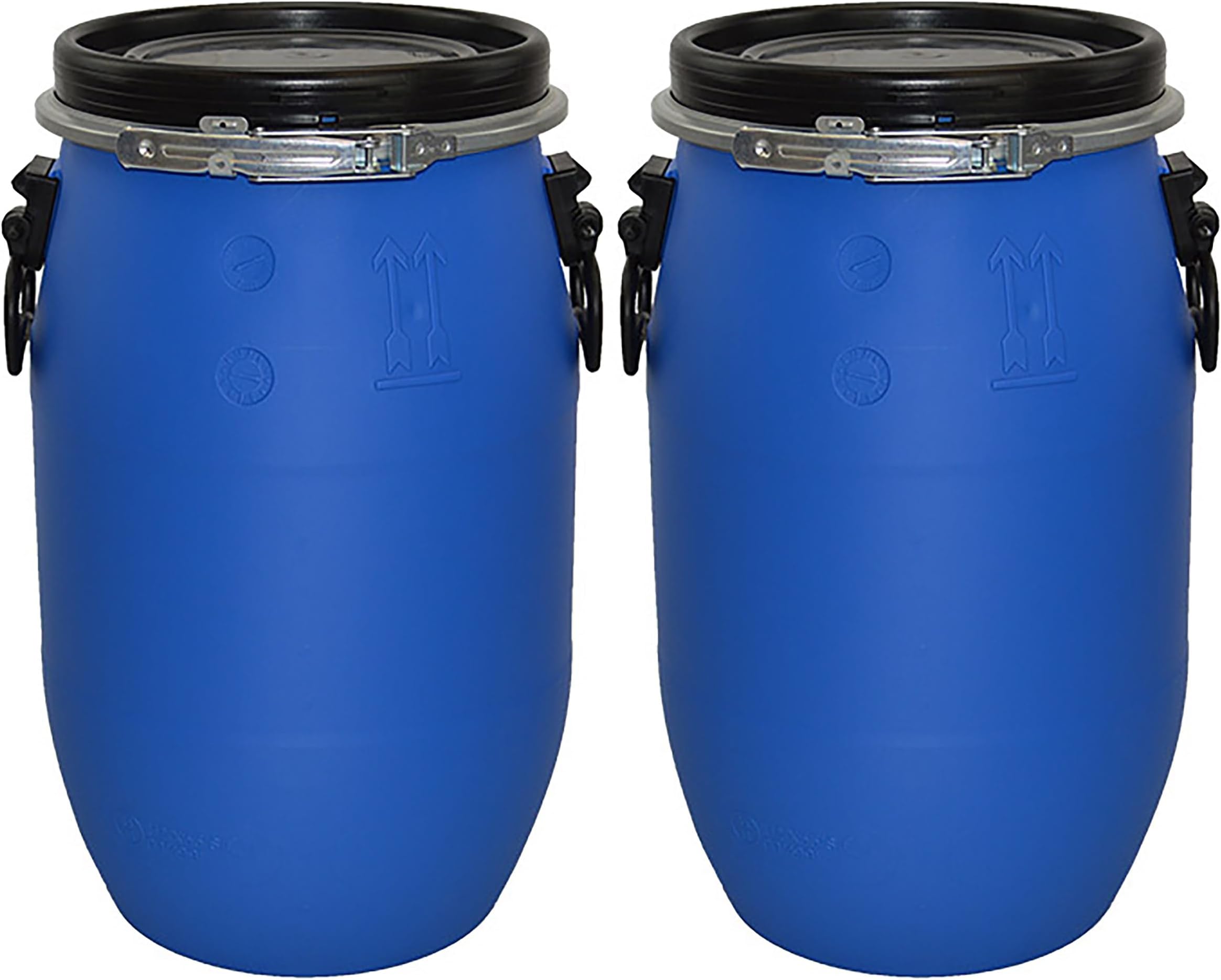2 x 30 Litre Open Top Plastic Storage Shipping Barrel Drum Keg for transporting and Exporting Food, Cereal, Clothing Complete with Lid and Latch Ring, UN Approved, Air Tight, Food Grade