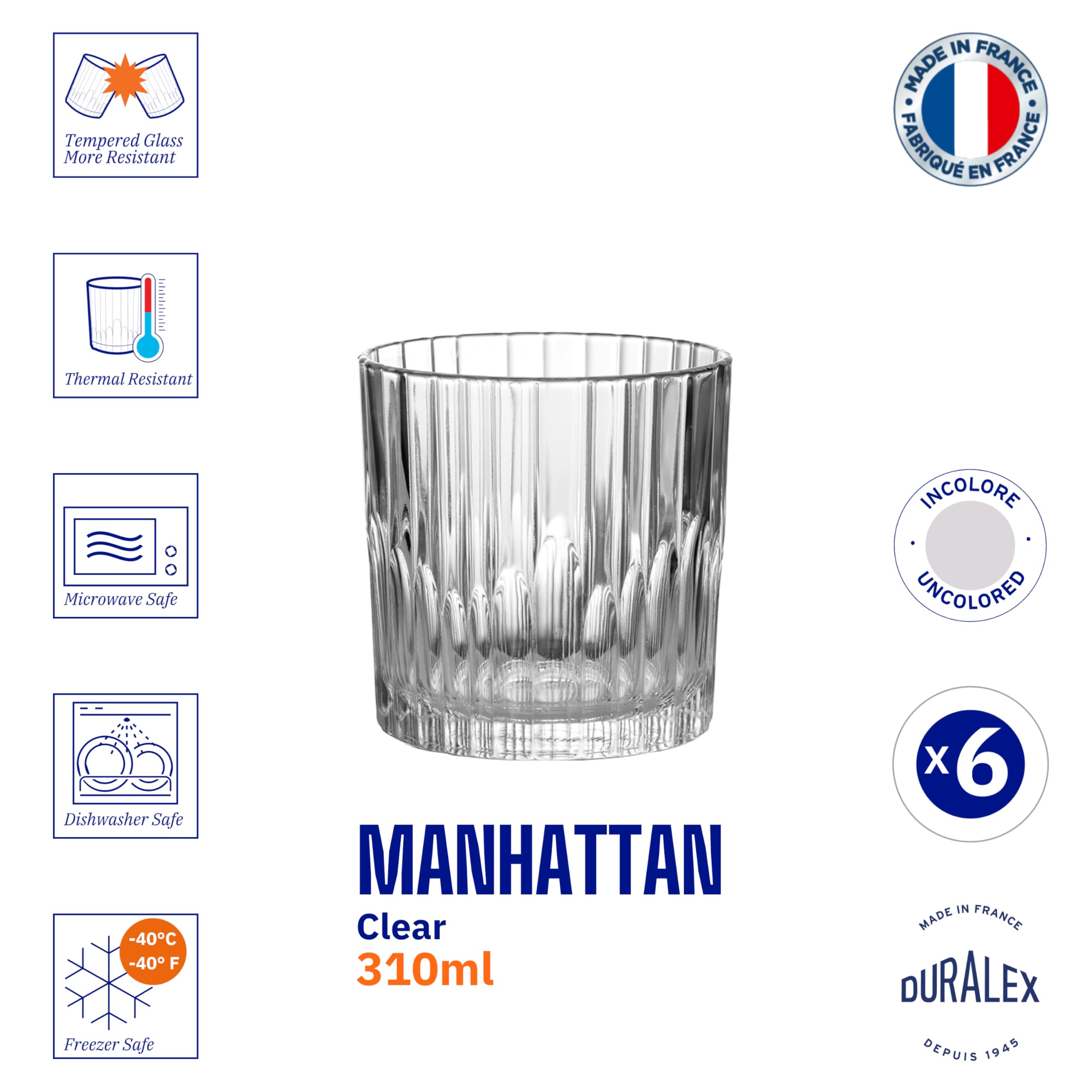 Duralex France Manhattan Whiskey Glasses Set of 6 pcs- 310 ml Bar Glass for Drinking Bourbon, Whisky, Scotch, Cocktails, Cognac- Old Fashioned Cocktail Tumblers 4