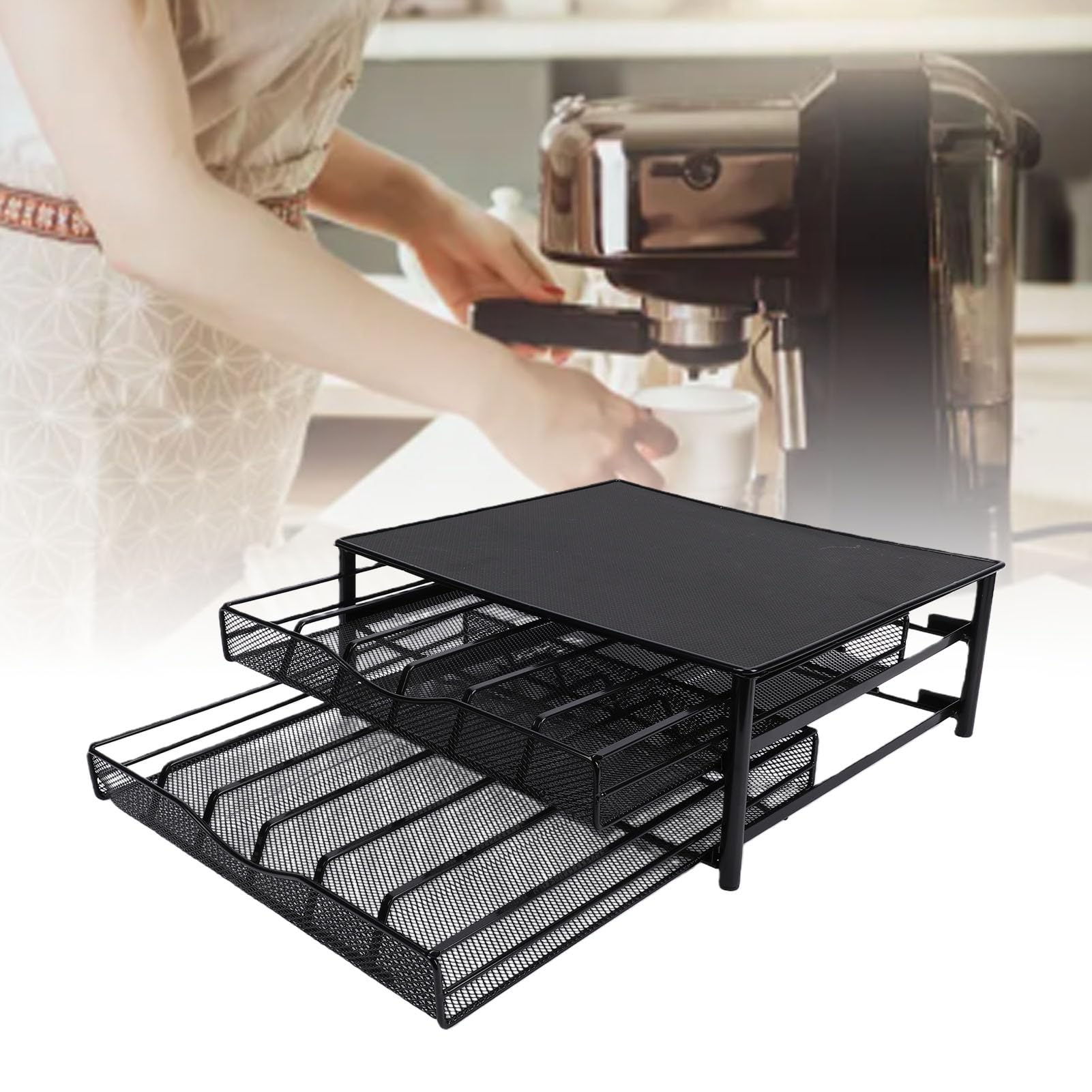 Fockety Soporte para Cápsulas de café, Marco de Acero Al Carbono Resistente que Ahorra Espacio, Organizador de Almacenamiento para Cápsulas de café, Cajón de Encimera con Cajones Deslizantes Suaves