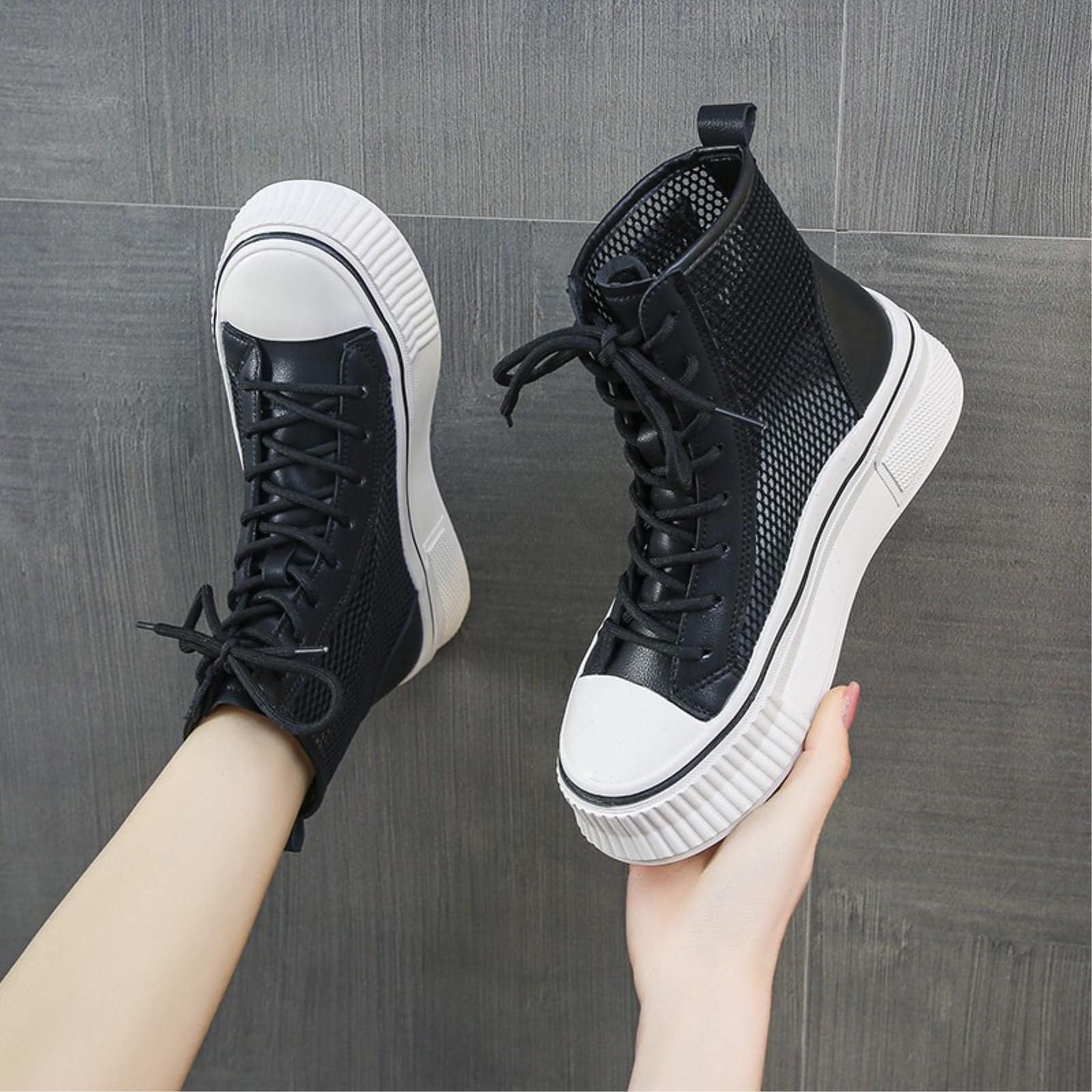 LVJMJ Damen Mesh High Top Sneaker Boots Schnürschuhe & Reißverschluss
