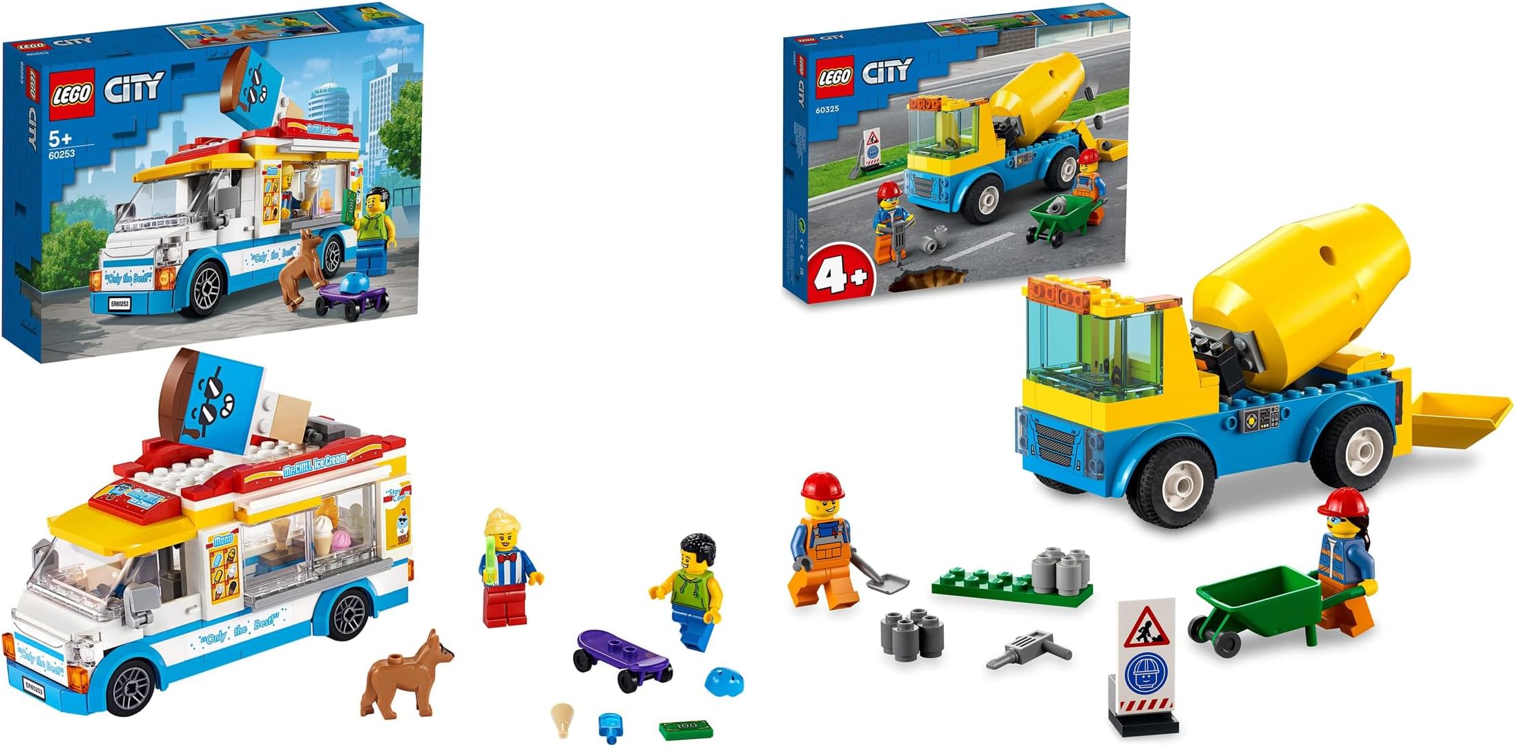 LEGO City Cement Mixer Truck 60325 Building Kit (85 Pieces) 60253 City Great Vehicles Ice-Cream Truck Toy with Skater and Dog Figure, for Kids 5+ Year Old (200 Pieces)