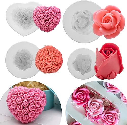 Whaline 4 moldes de silicona 3D rosa – San Valentín surtido de flores de corazón floración forma Fondant vela chocolate caramelo molde – decoración