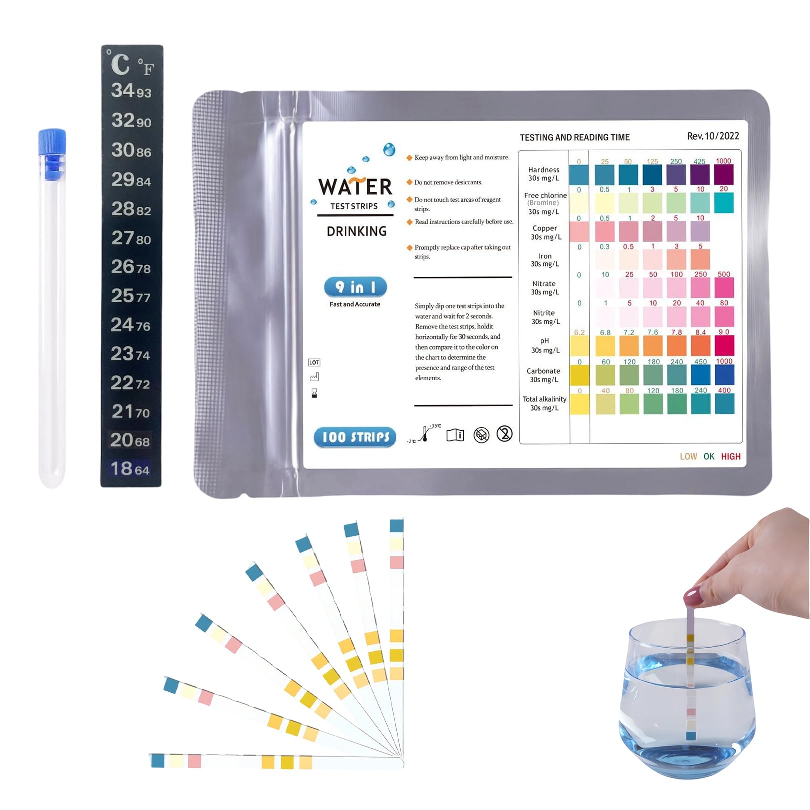 QiaoLiangYao 100PCS 9-in-1 Aquarium Test Strips,fish tank test strips with Thermometer, Water Testing for Nitrite Nitrate pH Chlorine Copper in Aquariums Fish Tanks Ponds