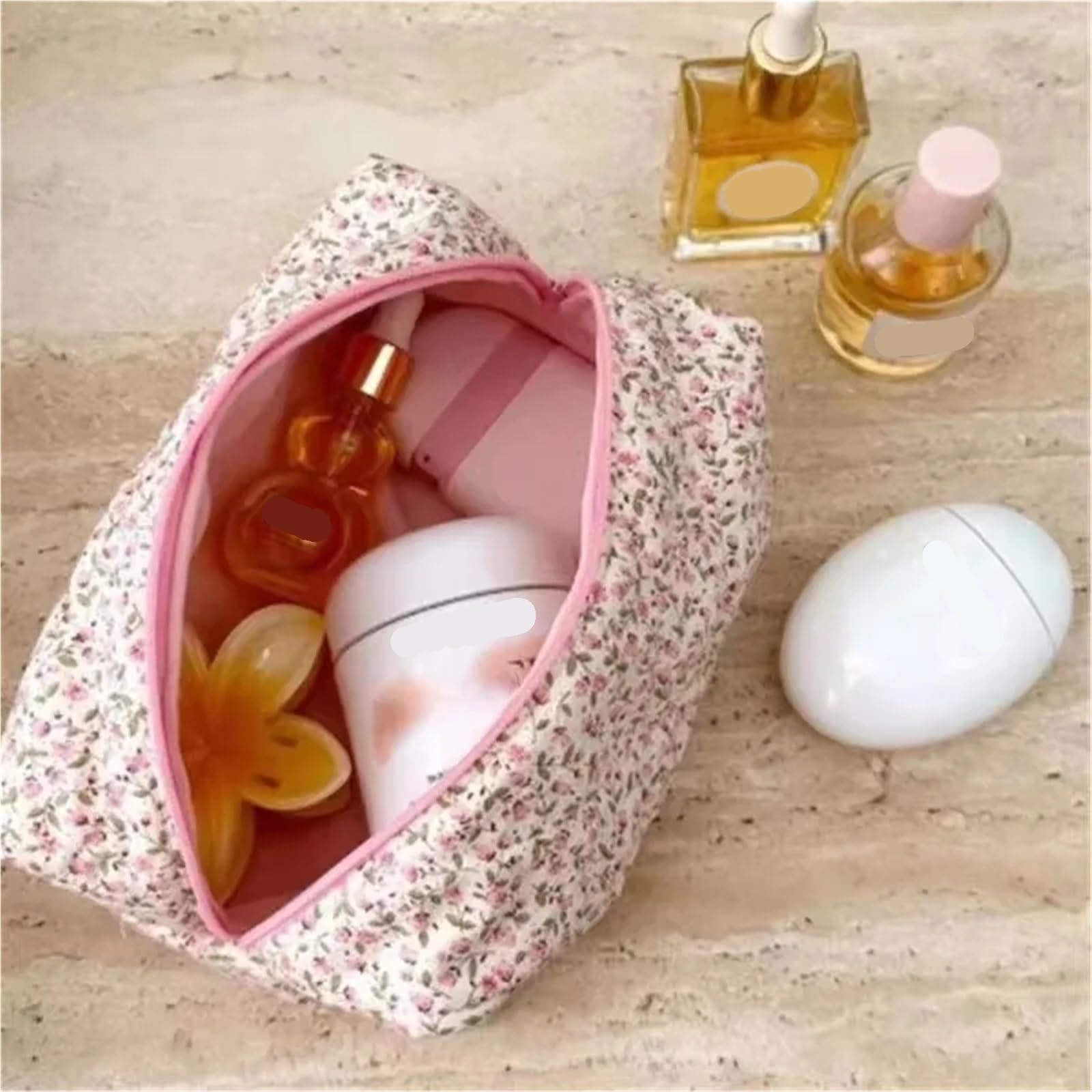 Bolsas de cosméticos Organizador Almacenamiento Bolsas Bolsa Maquillaje Acolchada y esponjosa con Estampado Flores Viaje Grande Accesorio for Guardar(Red)
