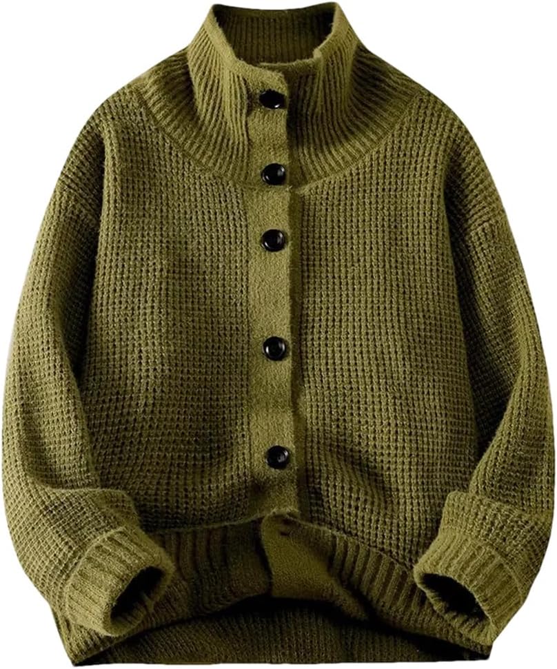 Men's High Neck Ribbed Oversized Knitted Cardigan Solid Color Casual Loose Fit Sweater Cardigan