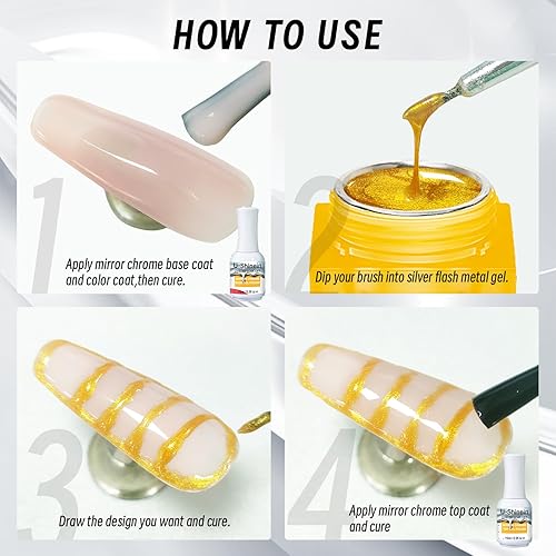 Miniatura 5 de U-Shinein Esmalte de gel metálico con purpurina de 0.3 fl oz, gel de pintura metálica dorada brillante para uñas, gel de dibujo de gel con purpurina