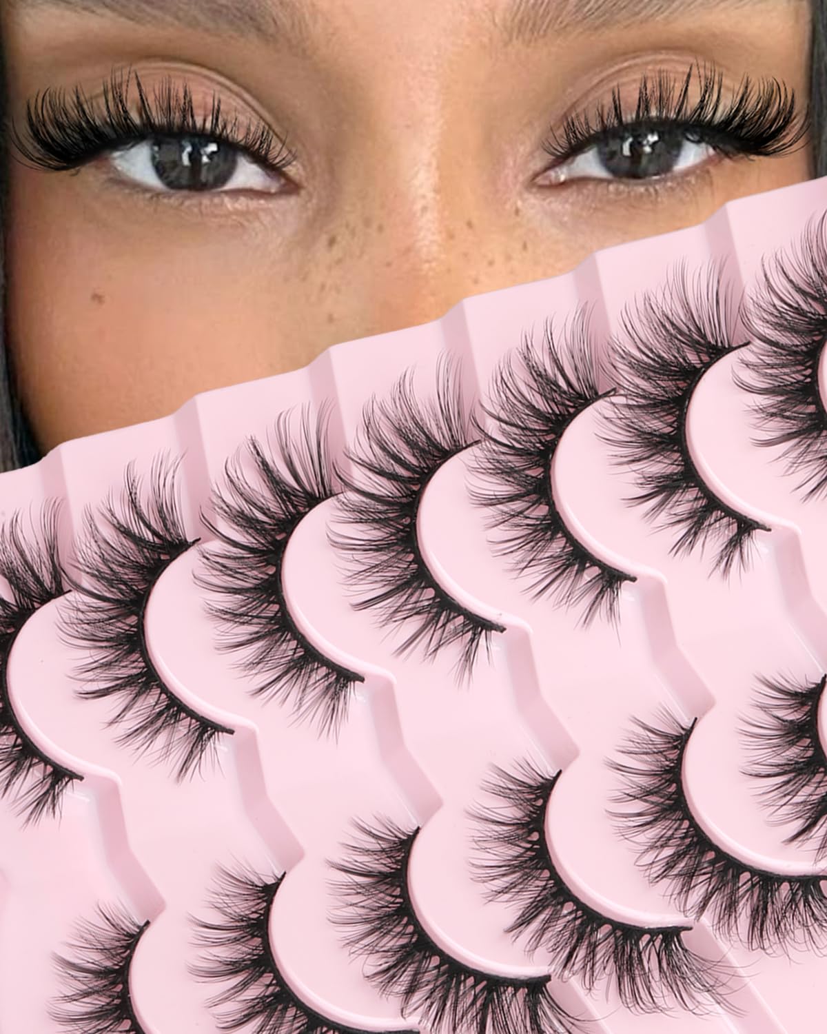 Photo 1 of Kiromiro Lashes Fluffy False Eyelashes Natural Look Cat Eye Wispy Lashes Faux Mink Eye Lashes 16mm Lash Strips C Curl Wispy Eyelashes Pack 7 Pairs