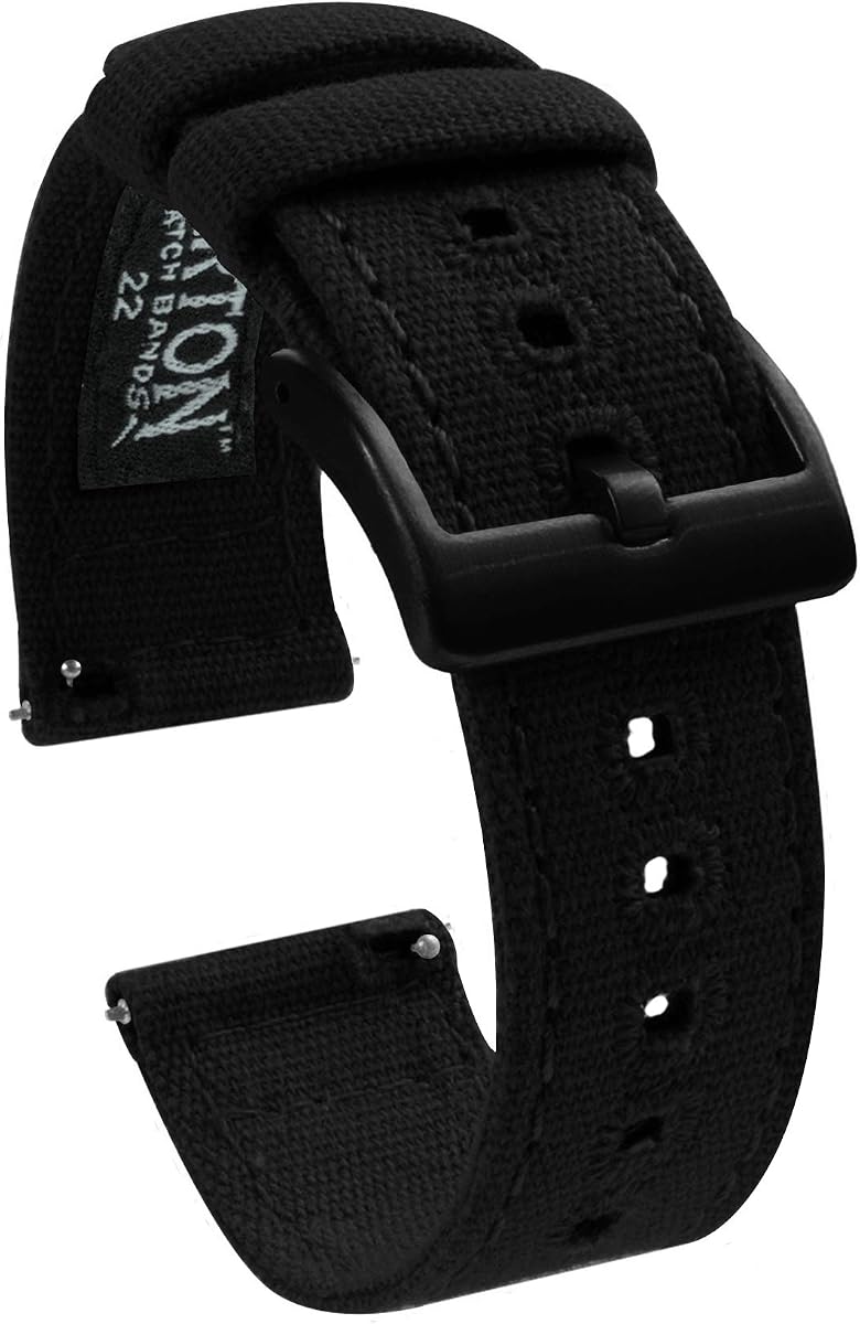 Correa de reloj de lona Barton (18 mm) | Correa de lona premium de liberación rápida con hebilla de PVD negra | Transpirable, cómodo, duradero - Negro