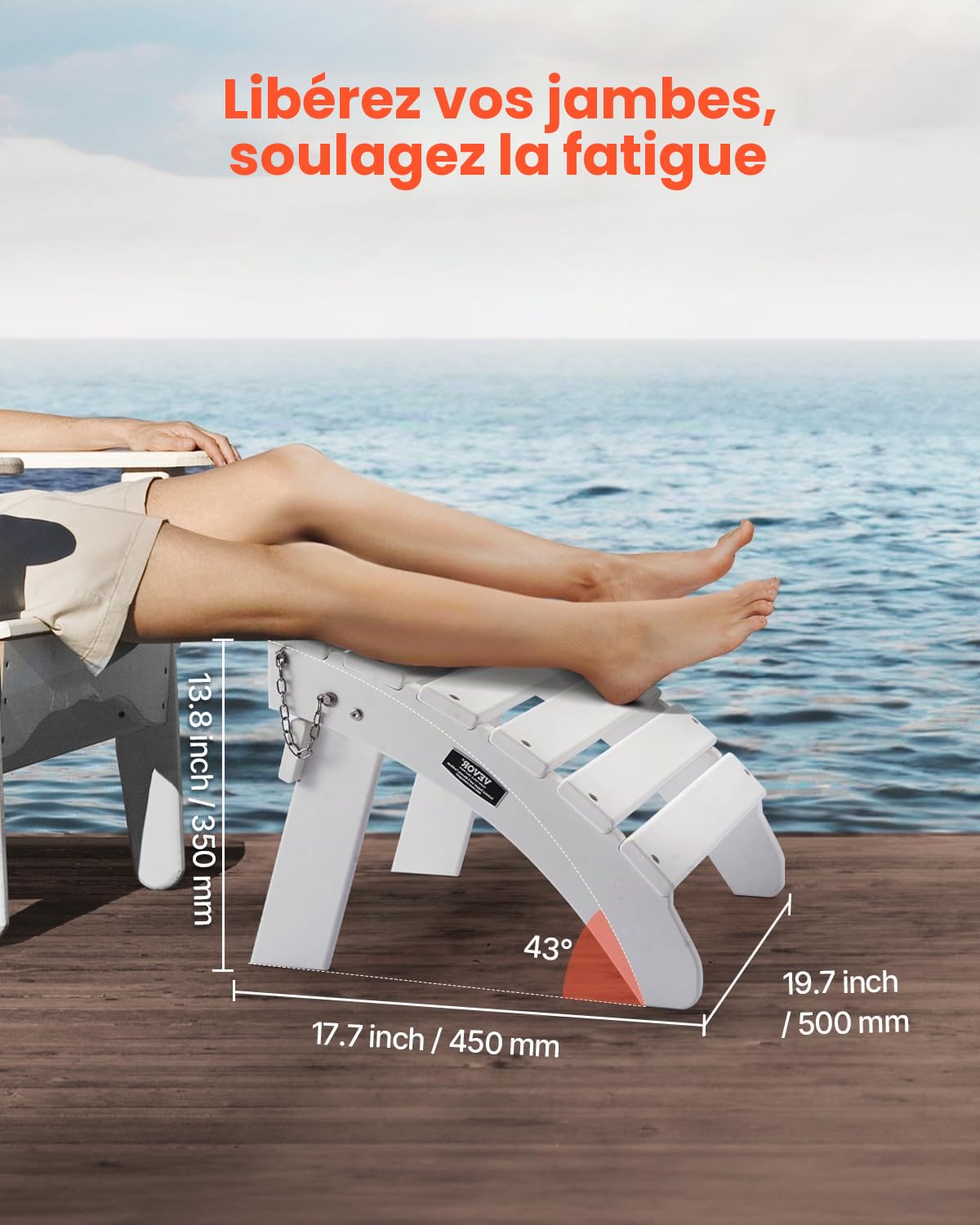 VEVOR Repose-pieds Pliable Adirondack, 450x500x350 mm, en PEHD, Résistant aux Intempéries pour Chaise Adirondack, Montage Facile, pour Extérieur, Patio, Porche, Piscine, Pelouse, Arrière-cour, Blanc