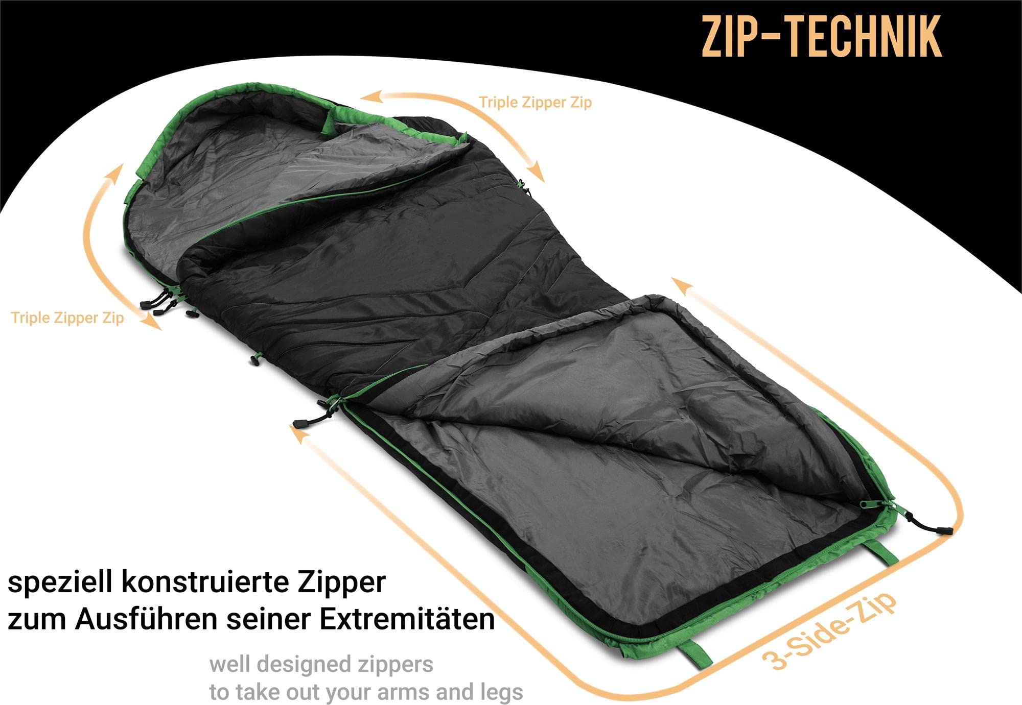 Premium Biwack-Schlafsack wasserdicht mit EXTRA Arm- und Beinöffnungen und Wärmekragen- 3D High Insulation Loft H4-300 bis Minus 9°C Grad