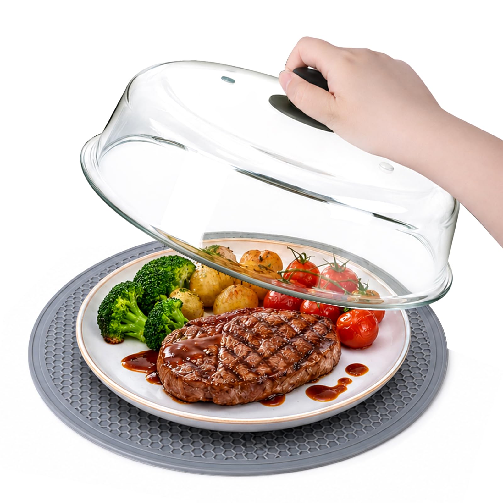 YBCPACK Mikrowellen Abdeckung Glas mit Silikonmatte, 26,5 cm Abdeckhaube Mikrowelle mit Griff – BPA-freier Microwave Cover für Lebensmittel (Spülmaschinenfest)