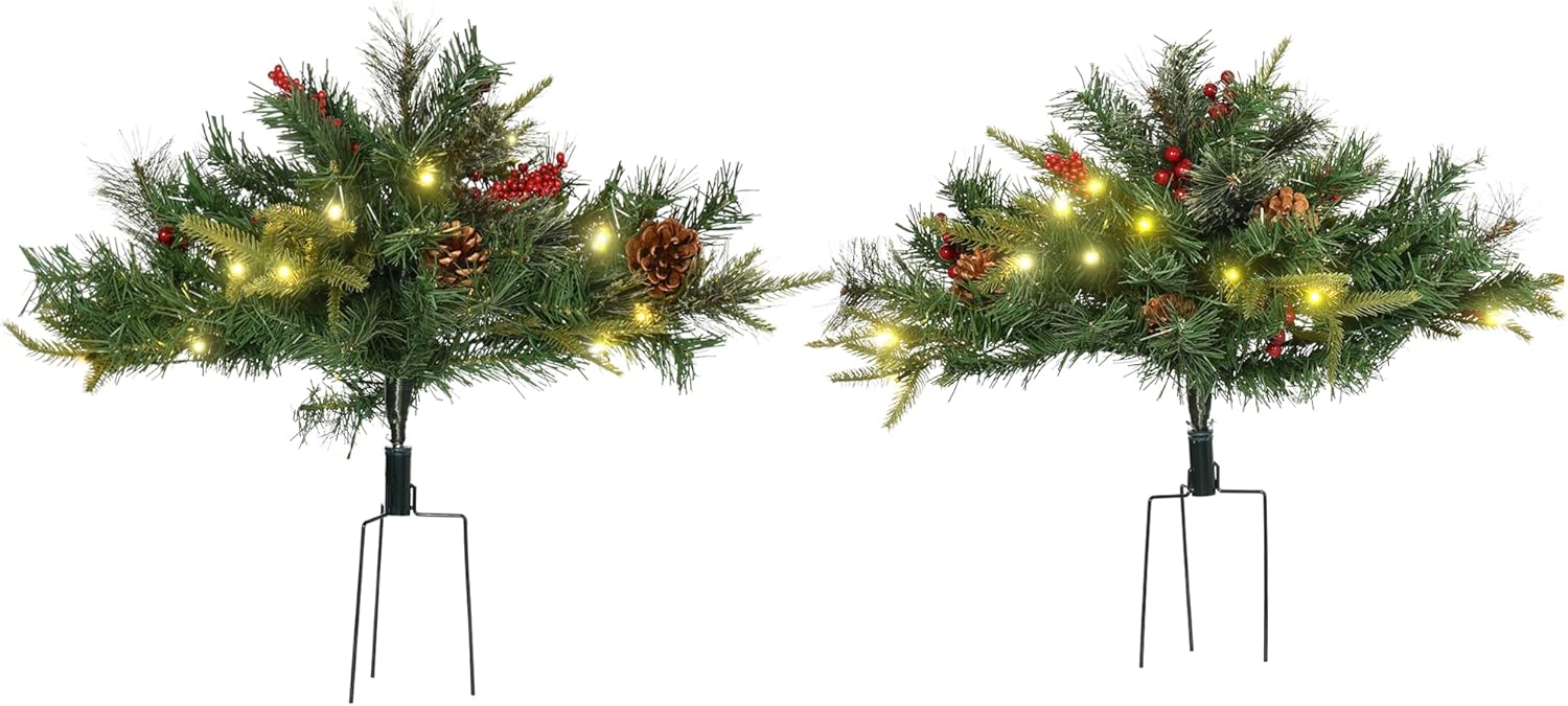 HOMCOM 2 Ft/22 inch 2 Pack Prelit Artificial Christmas Tree Cordless with 69 Branches, Warm White LED Lights, Red Berries, Pine Cones, for Outdoor Entryway, Green