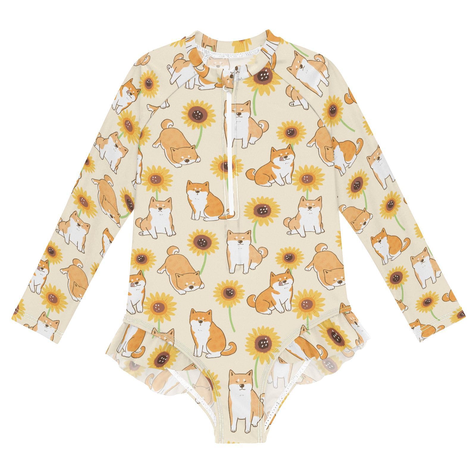 JHKKU Girls Long Sleeve Cartoon Shiba Inu Swimsuit One Piece Zipper Rash Guard Bathing Suit with UPF 50+ Sun Protection Ruffle Swimwear 3T