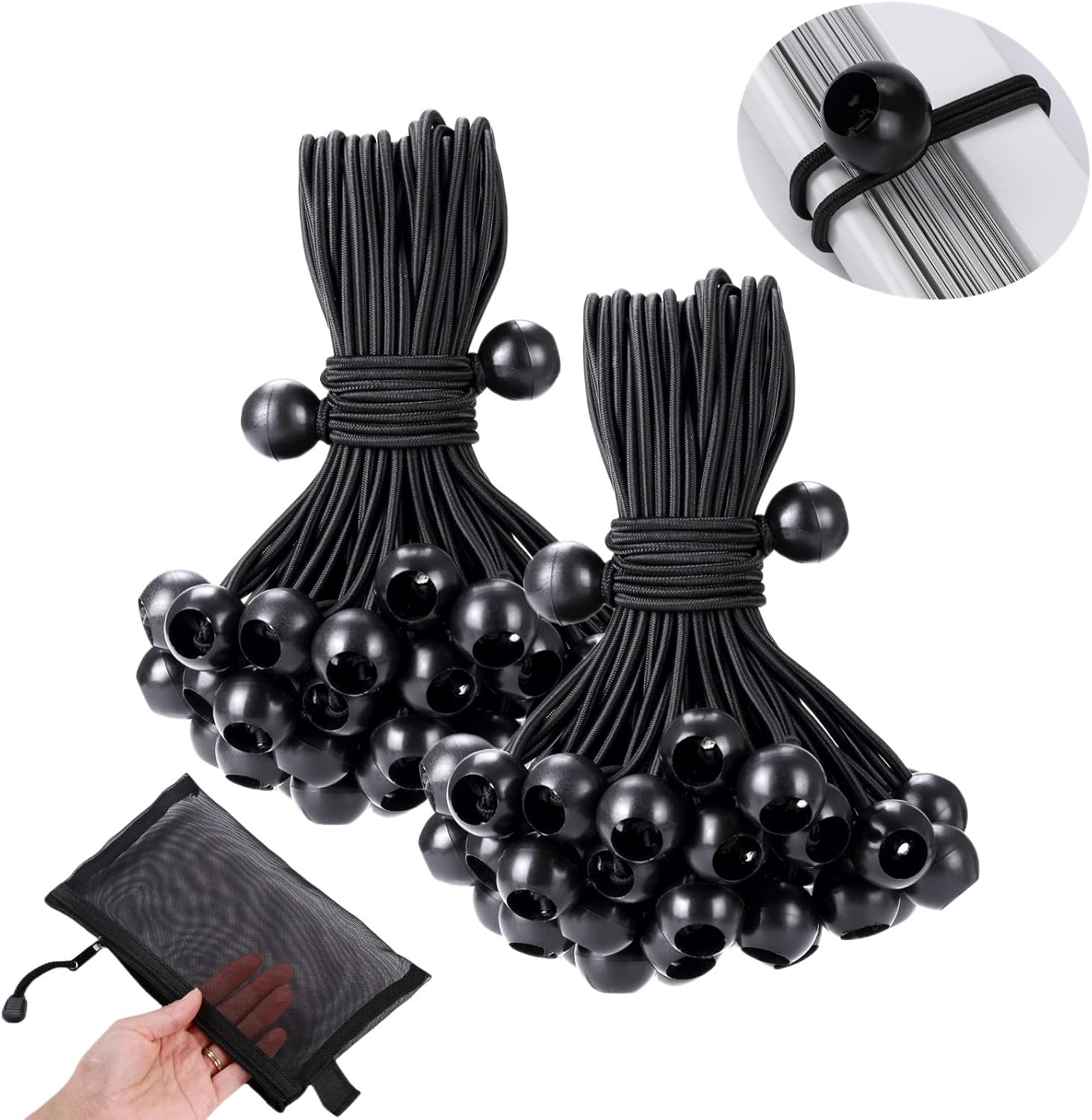 Ball Bungee Cords 4in 50PCS Tarp Bungee with Balls Black Heavy Duty Canopy Tarp Tie Cords,Rubber UV Resistant Bungee Balls for Tent Poles Camping Shelter Projector Screen Cargo and Daily Use