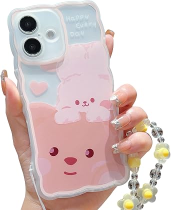 Compatible with iPhone 16 Case Cute Cartoon Little Bear Rabbit Pattern with Cute Chain Design for Women Aesthetic Kawaii Slim Soft TPU Transparent Case for iPhone 16-Bear Rabbit