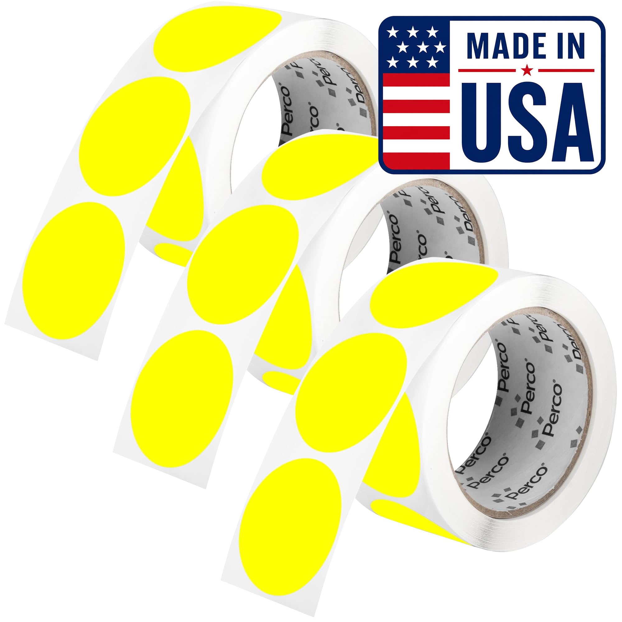 Perco Neon Yellow Perforated Round Circle Dot Sticker 2-Inch Labels — 3 Rolls, 1,500 Stickers - Price Stickers, Notes, Alerts &amp; Warning Labels, High Visibility—Made in USA