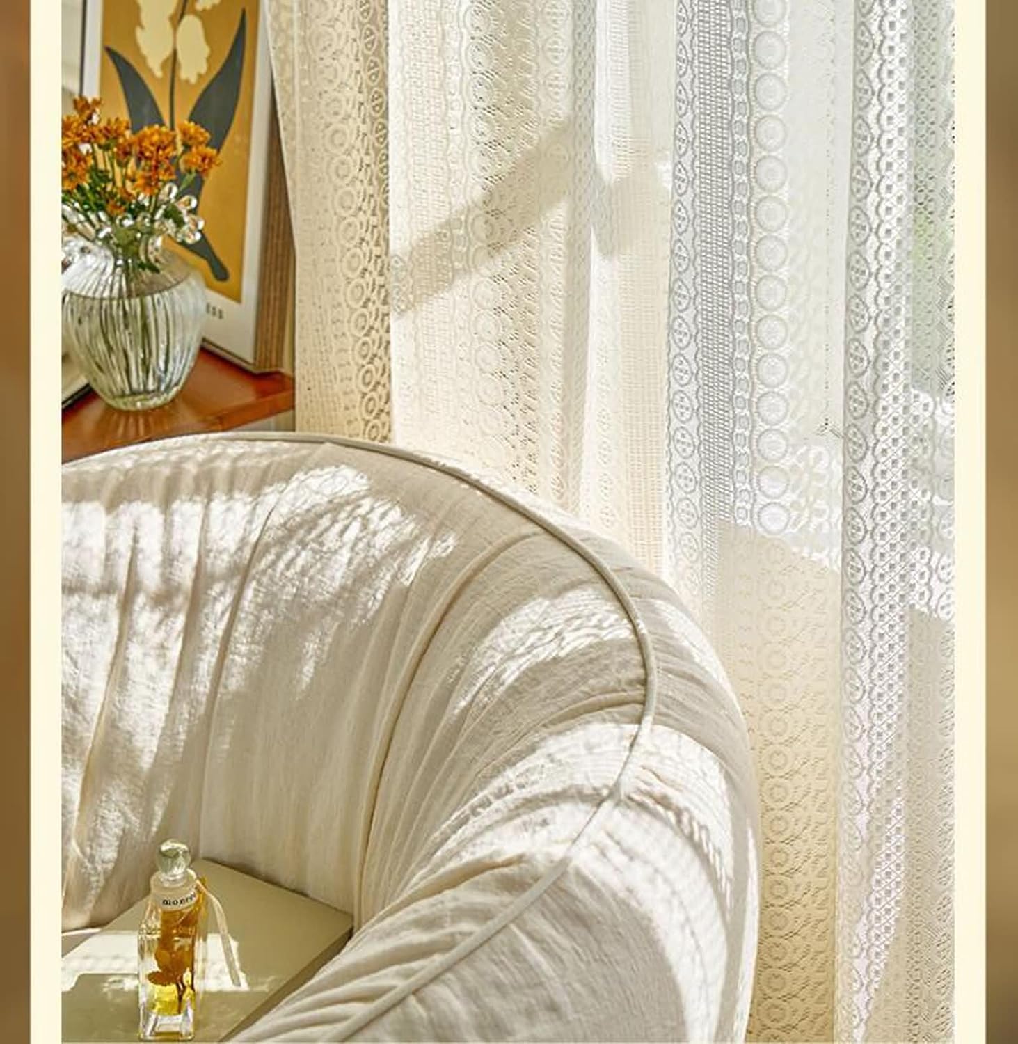 Daesar Window Curtains 2 Panel Sets 63 Inch Length, Eyelet Voile Curtains Hollow Lace Geometric Pattern Sheer Drapes Window Treatment for Home, Office, Bedroom Living Room, 34x63 Inch Beige