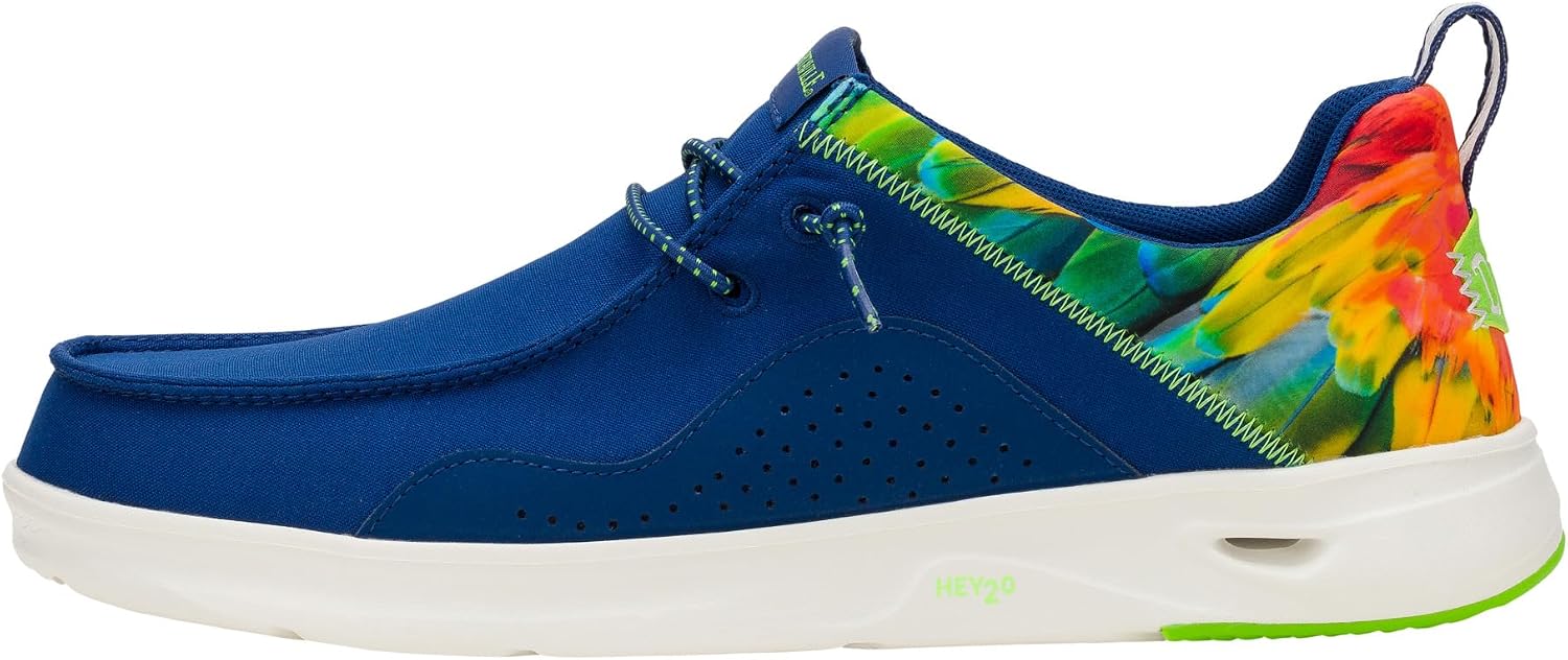 HEYDUDE Men's Wally Hey2O Margaritaville Slip On Shoe | Navy Multi Parrot Print | Elastic Lace Breathable Canvas Loafer