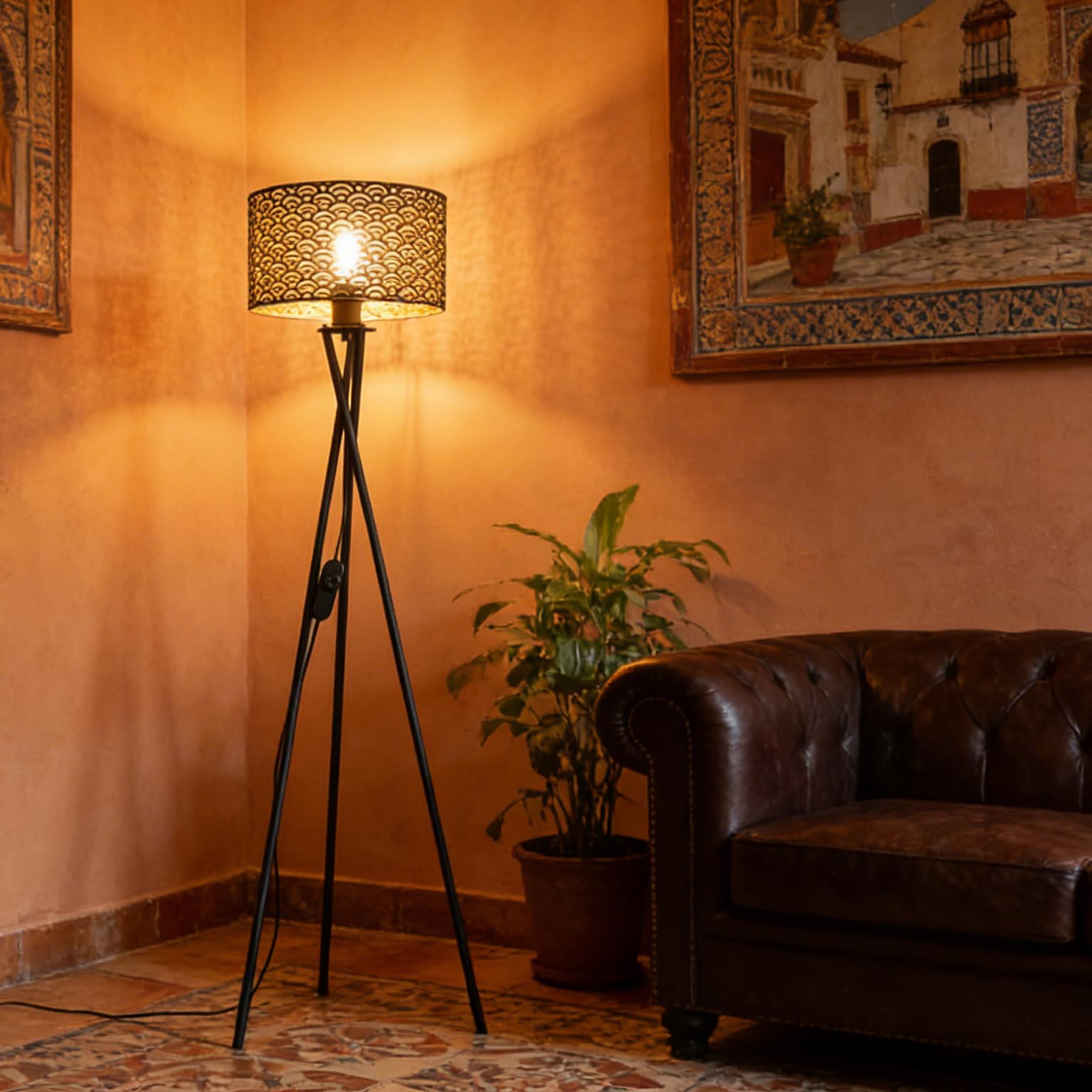 LED Stehlampe Vintage, Dreibein Stehleuchte mit Dimmbarem Schalter, Retro Standlampe mit E27 Lampenfassung Metall-Rautenmuster Schirm