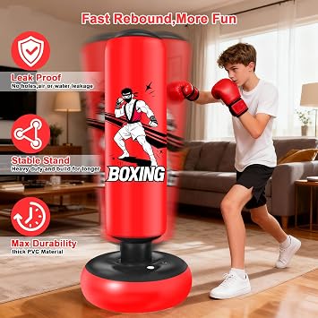 Punching Bag for Kids, 168cm Stable Boxing Bag with Gloves & Air Pump, Free Standing Inflatable Kids Punching Bags for Boys Girls Age 6-18 for Practicing Karate, Taekwondo, MMA Kid's Gifts