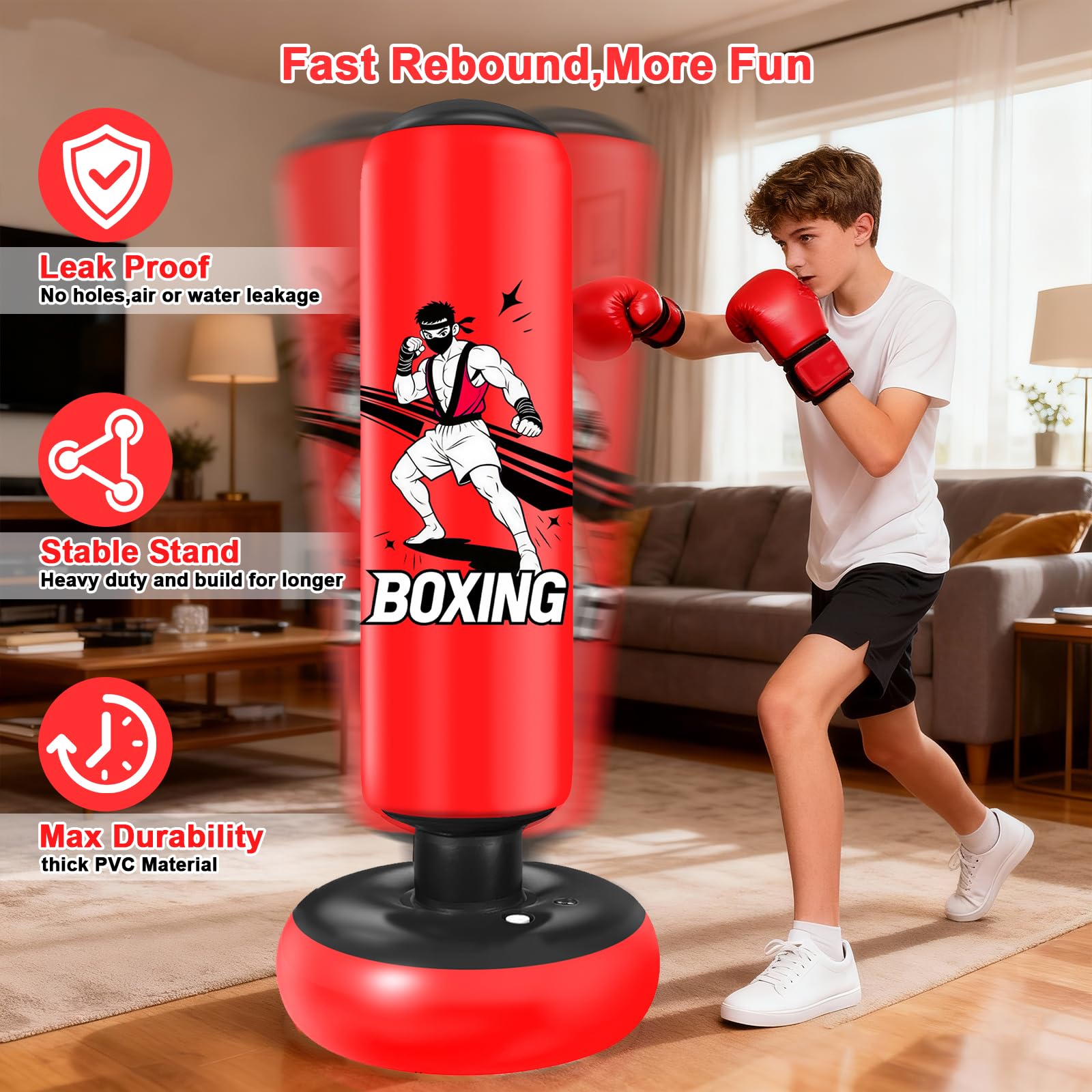 Saco de Boxeo de Pie, 168 cm Saco Boxeo Niños, Inflable Bolsa De Boxe con Guantes y Bomba para Practicar MMA Karate Taekwondo Punching Ball para 5-18 Niños Adolescentes