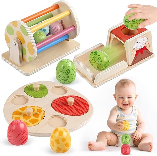 Juguetes Montessori para niños de 6 meses, juguetes de madera para bebés de 6, 7, 8, 9 meses de edad, juguete de bola de huevo de dinosaurio,