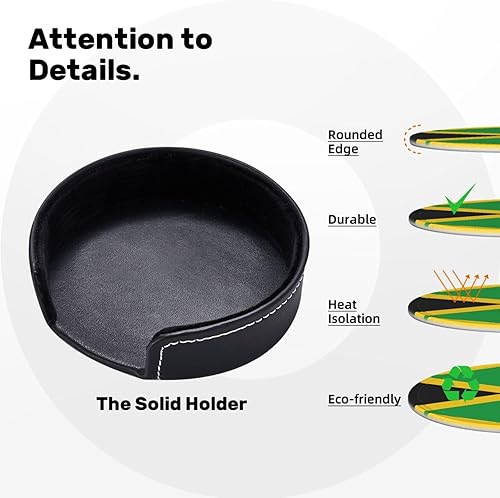 Miniatura 9 de Drink Coasters Set of 6, Jamaica Flag Printed PU Leather Round Coaster with Holder for Outdoor, Office, Bar, Funny Heat-Resistant Home Desk Decor