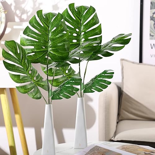 Miniatura 6 de Hojas de palma artificiales con tallos, hojas de tortuga sintética, resistentes a los rayos UV, plantas tropicales verdes, grandes, 11.8 pulgadas y