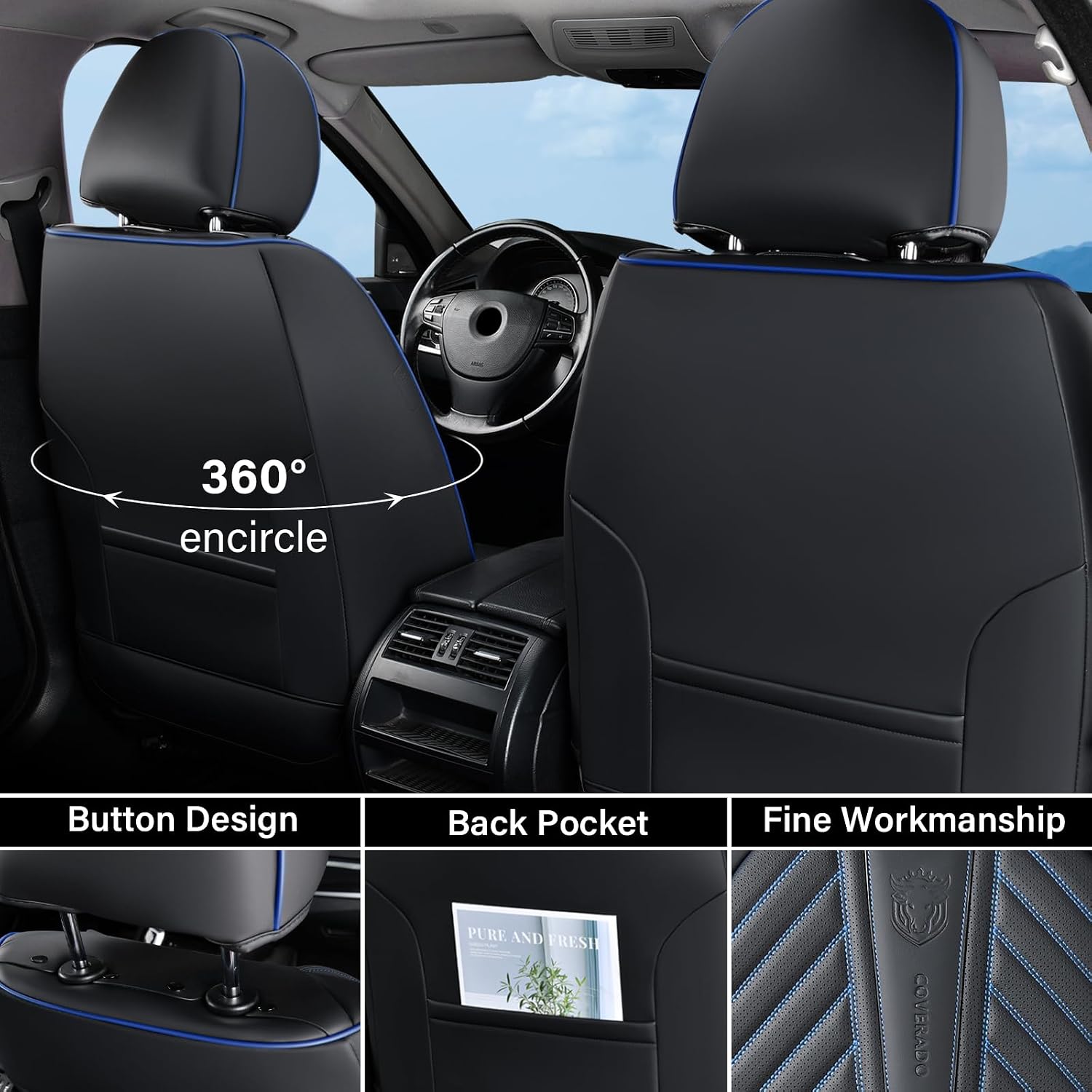 Coverado Car Seat Covers Full Set, Faux Leather Seat Covers for Car, Luxury Automotive Seat Covers Waterproof Car Seat Protector Universal Fit for Most Cars SUV Truck with Lumbar Support(Black&Blue)