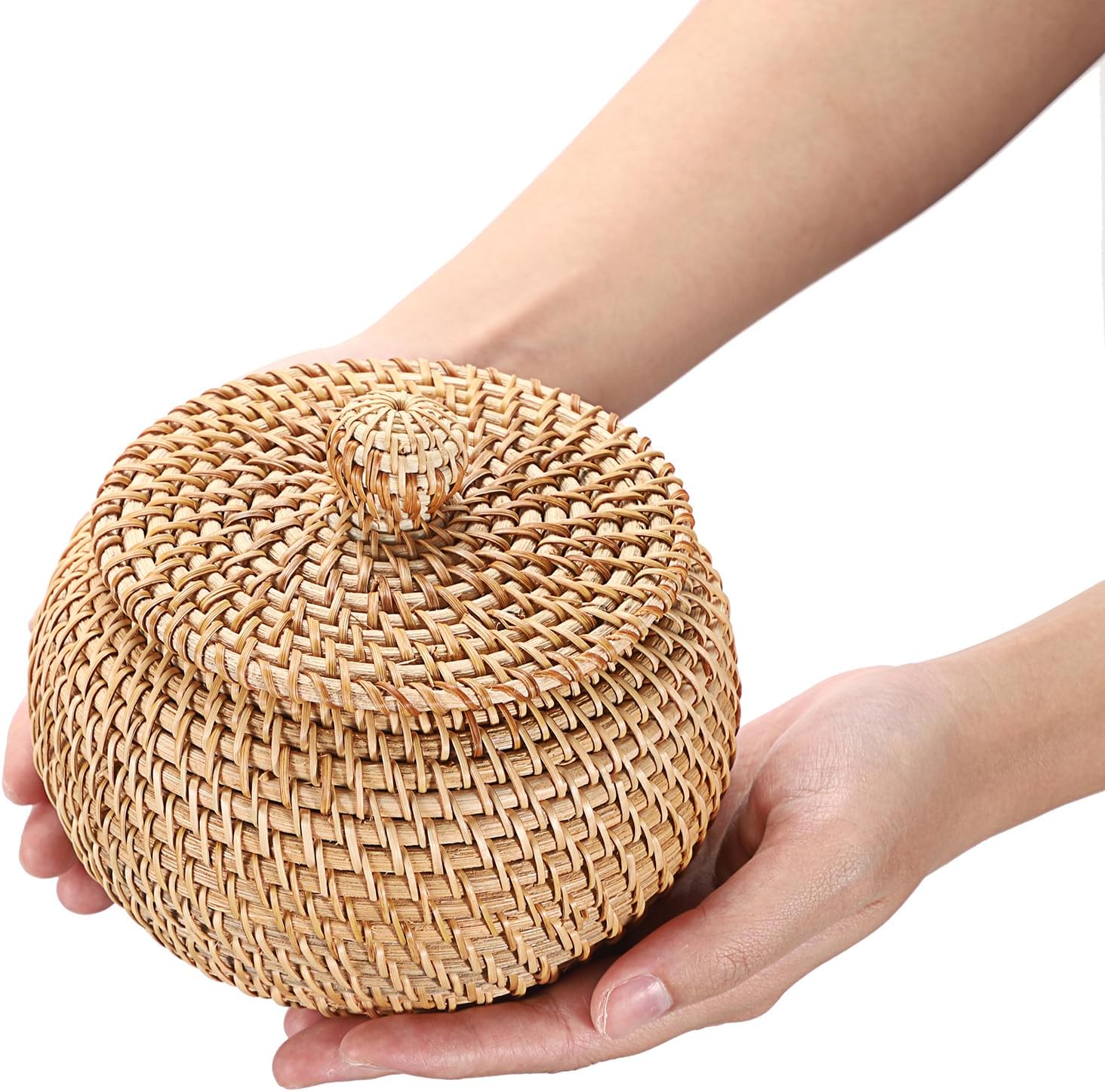 Hipiwe Round Rattan Basket Boxes With Lid Hand-Woven Wicker Storage Baskets Bin Decorative Basket Box Multi-Purpose Picnic Food Bread Basket Small Keys Basket Bowl for Entryway (X-Small,4.7"x3.3")