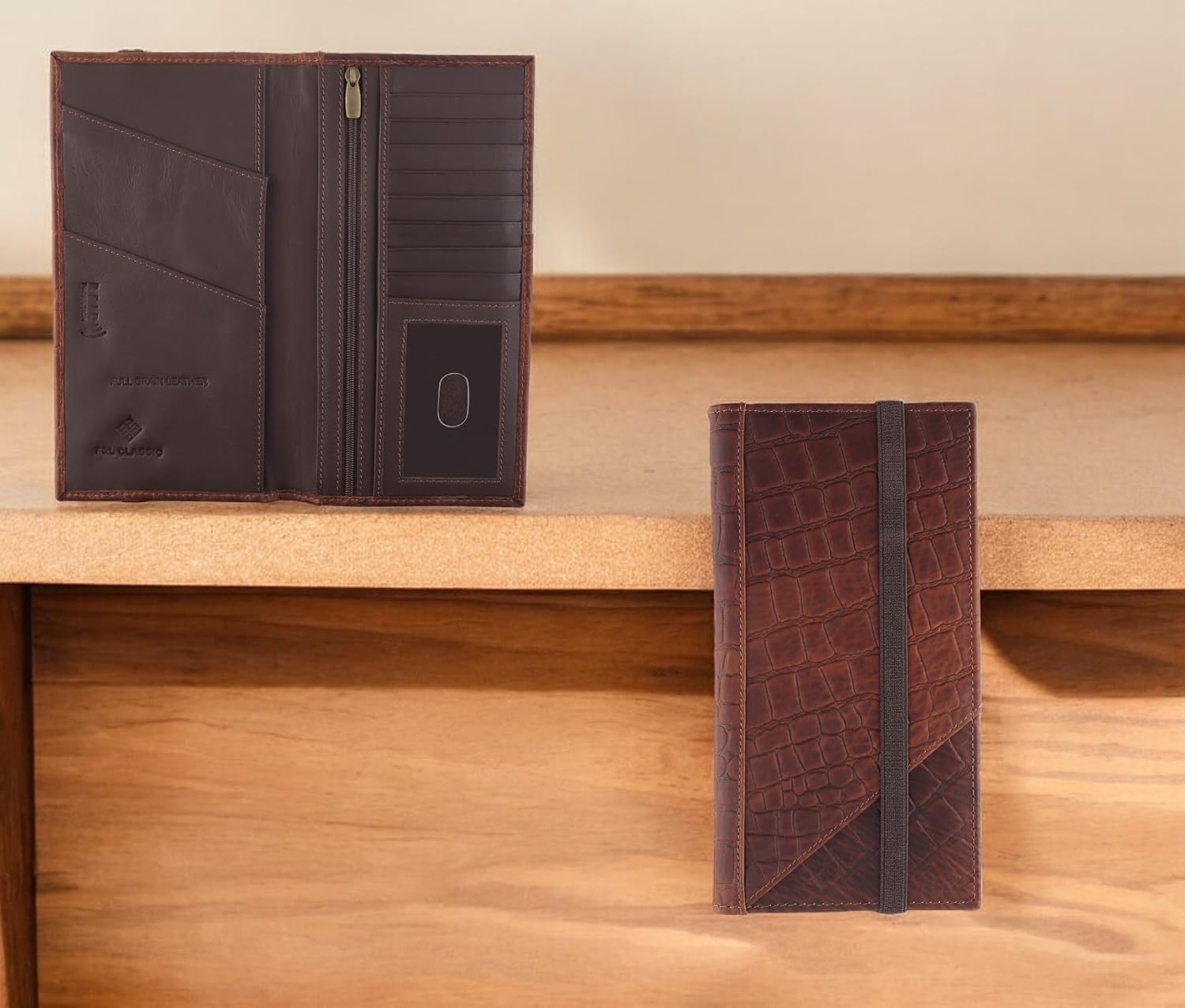 Passport Wallet - Travel Document Holder w/RFID Blocking – Full Grain Leather – Bifold big Wallet with Credit Card Slots for Women and Men,crocodile print,522-50 - Image 5