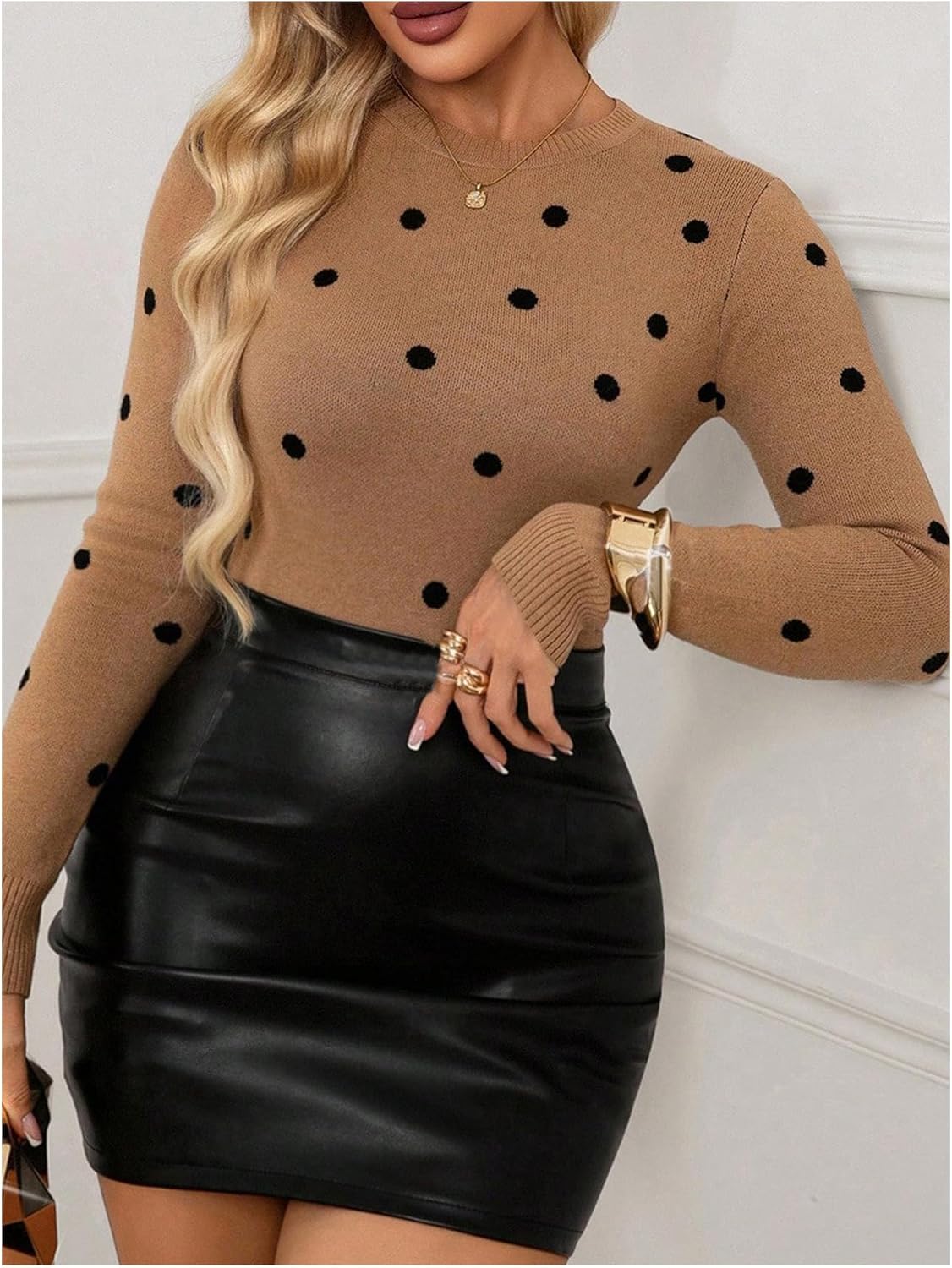 Verdusa Women's Polka Dots Dressy Casual Sweaters Elegant Trendy Pullover Slim Fitted Knit Tops - Image 4